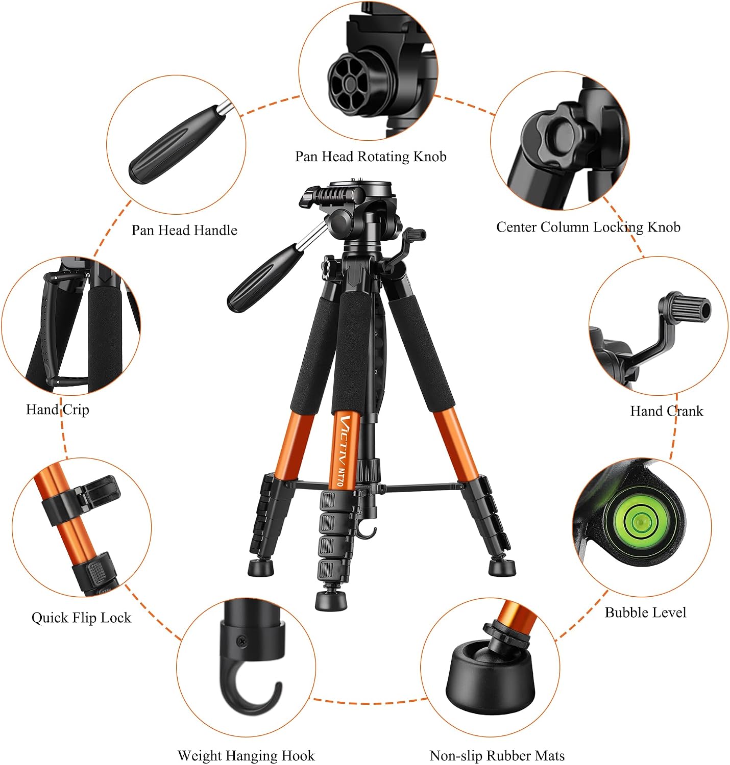 Victiv 74” Camera Tripod, Phone Tripod for iPhone with Phone Holder, Orange | Aluminum Professional Heavy Duty Camera Tripod Stand, Tall Tripod for DSLR with Carry Bag, Compatible with Canon Nikon iPhone