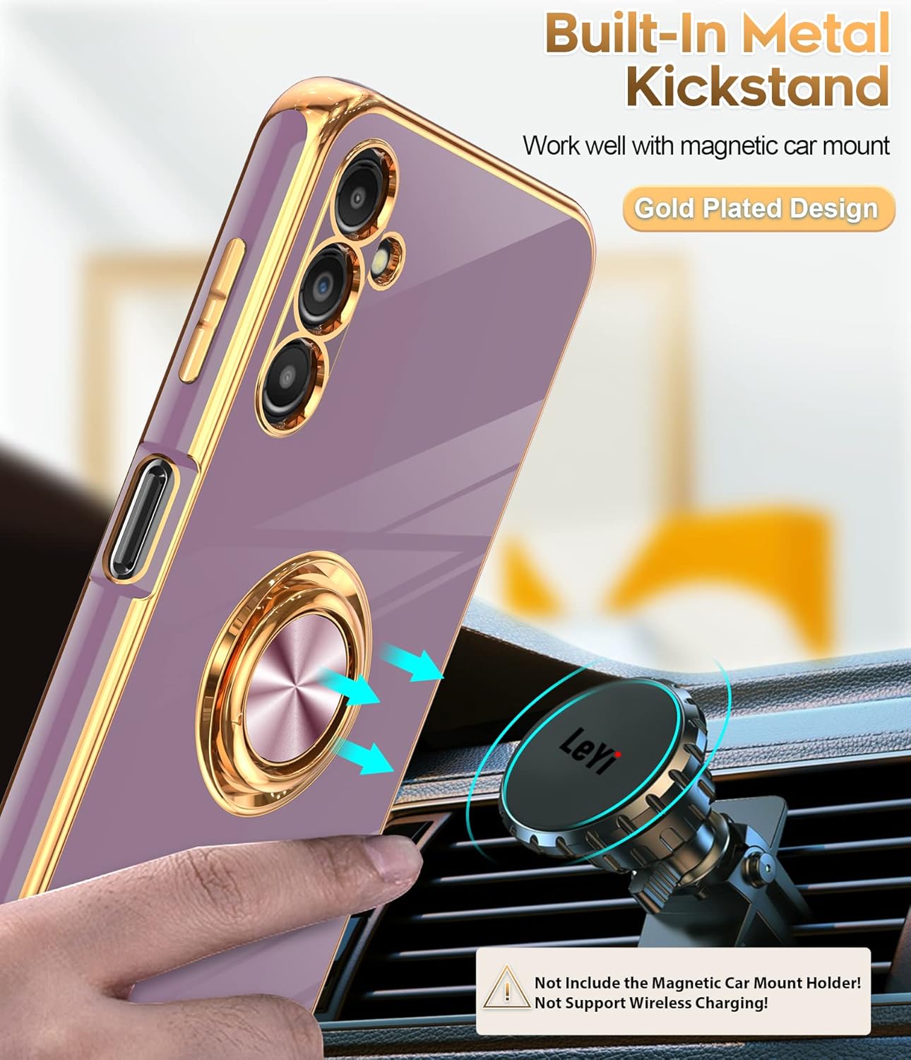 LeYi for Samsung Galaxy A14 5G Case with [2 Pack] Tempered Glass Screen Protector 360° Rotatable Ring Holder Magnetic Kickstand, Plating Rose Gold Edge Protective Case, Purple