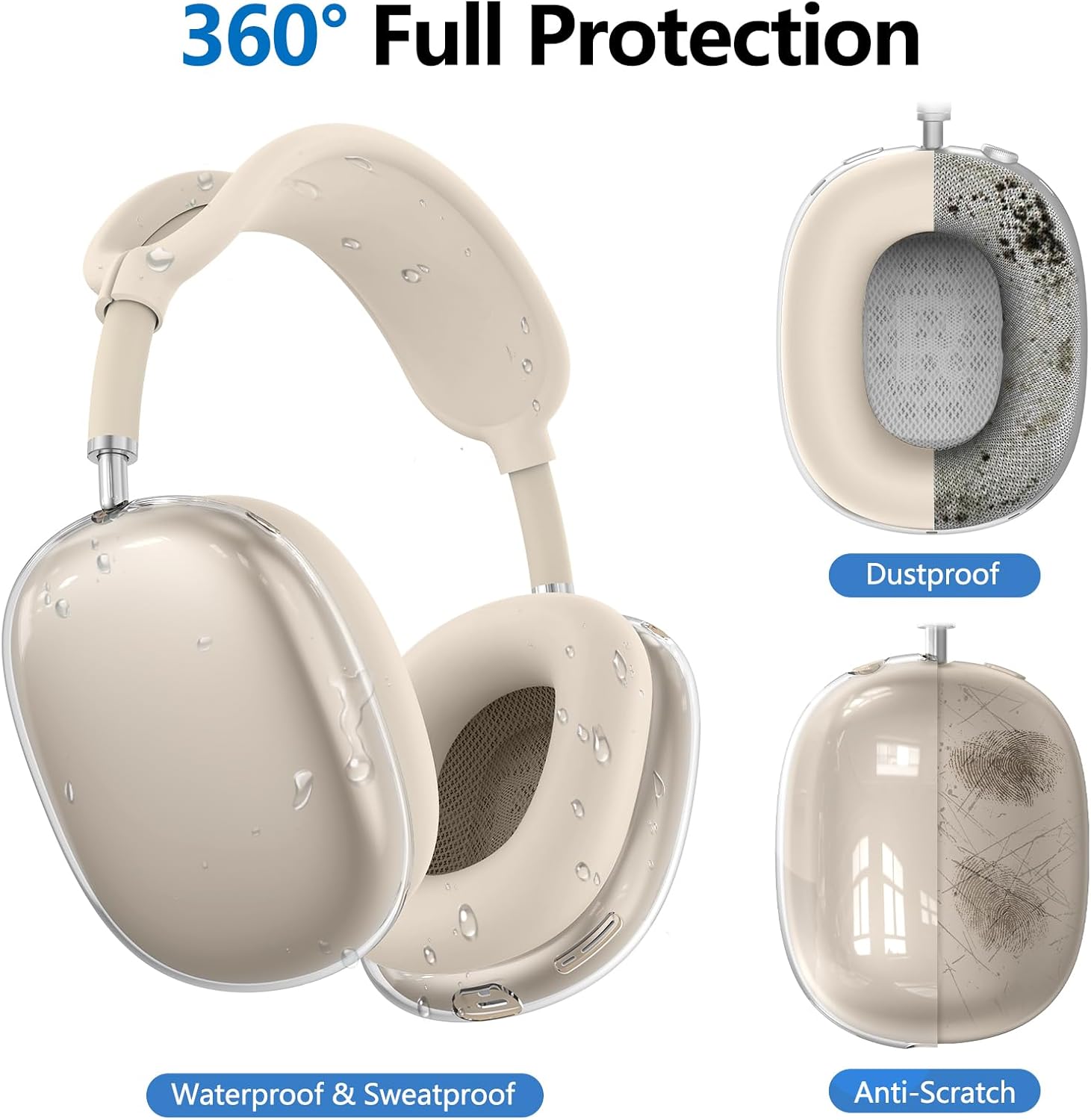 for AirPods Max Case Cover, Clear TPU Ear Cups Cover/Silicone Ear Pad Case Cover/Silicone Headband Cover Transparent Accessories for Apple AirPods Max Headphones USB-C (2024/2020), Stone [4 in 1]