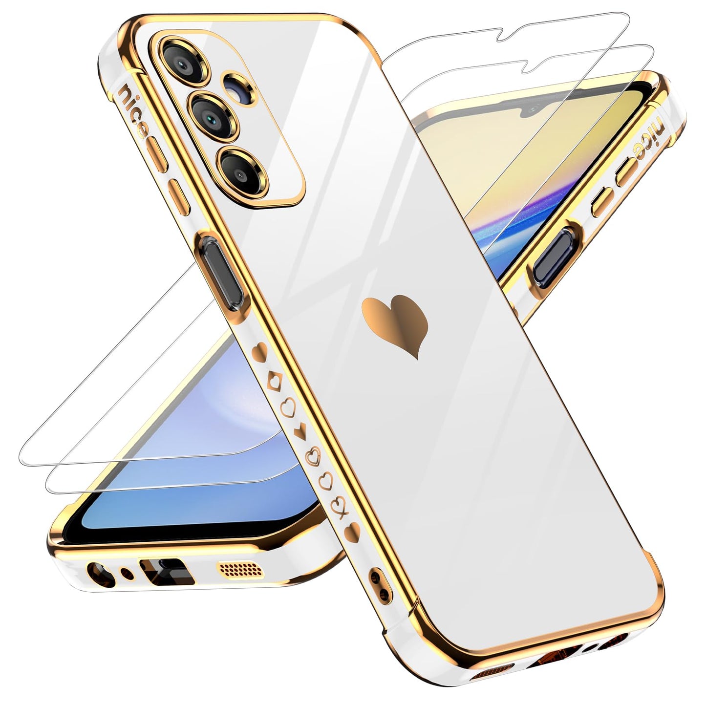 LeYi for Galaxy A16-5G Phone Case: Tempered Glass Screen Protector [2 Pcs]+ Full Camera Lens Protection,Love Heart Plating Luxury Shockproof Phone Case para Samsung A 16 5G Cute,Pink