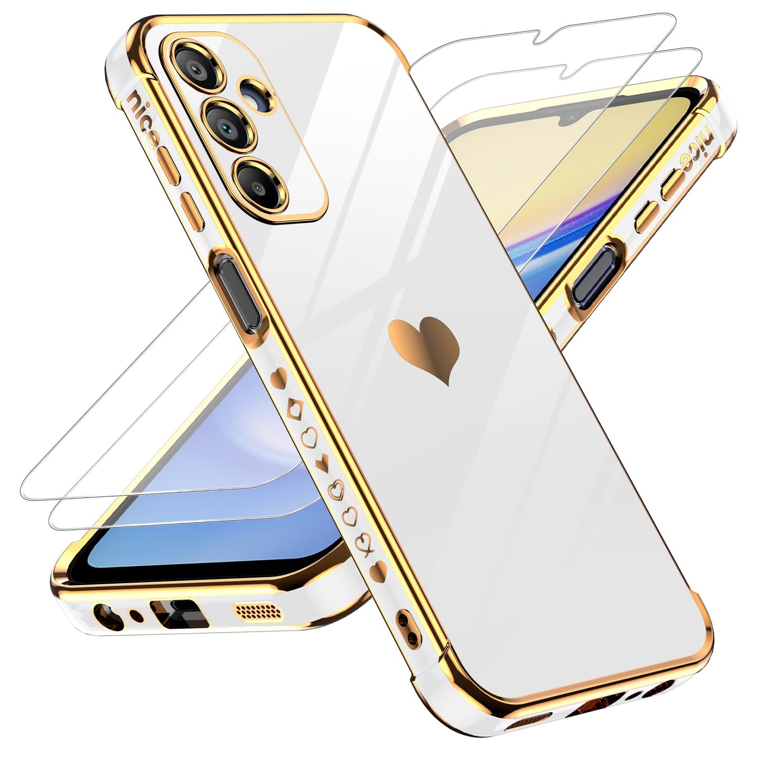 LeYi for Galaxy A16-5G Phone Case: Tempered Glass Screen Protector [2 Pcs]+ Full Camera Lens Protection,Love Heart Plating Luxury Shockproof Phone Case para Samsung A 16 5G Cute,Pink
