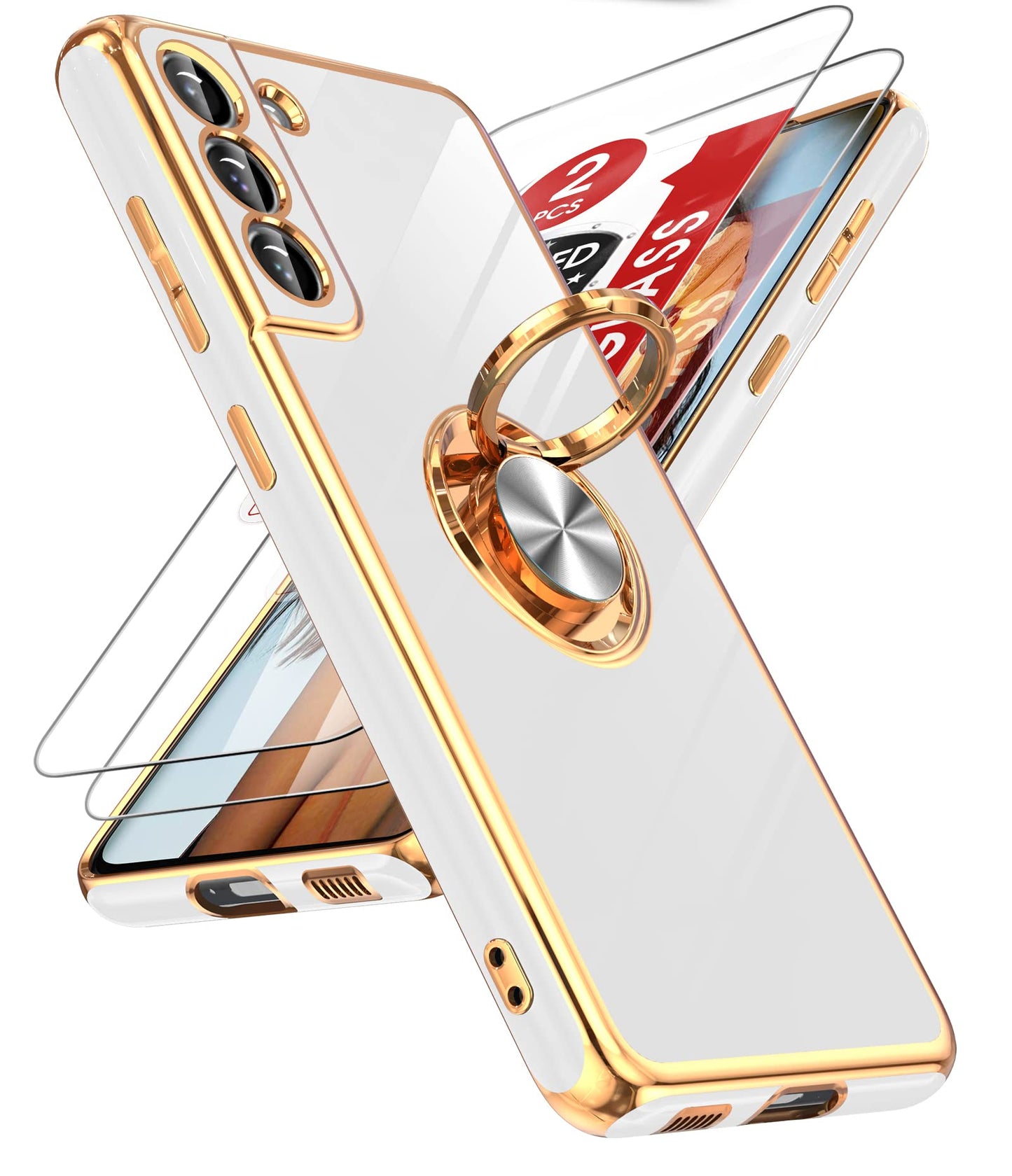 LeYi for Samsung Galaxy S21 FE 5G Case with Tempered Glass Screen Protector [2 Pack] 360° Rotatable Ring Holder Magnetic Kickstand, Plating Rose Gold Edge Protective Case, Blue