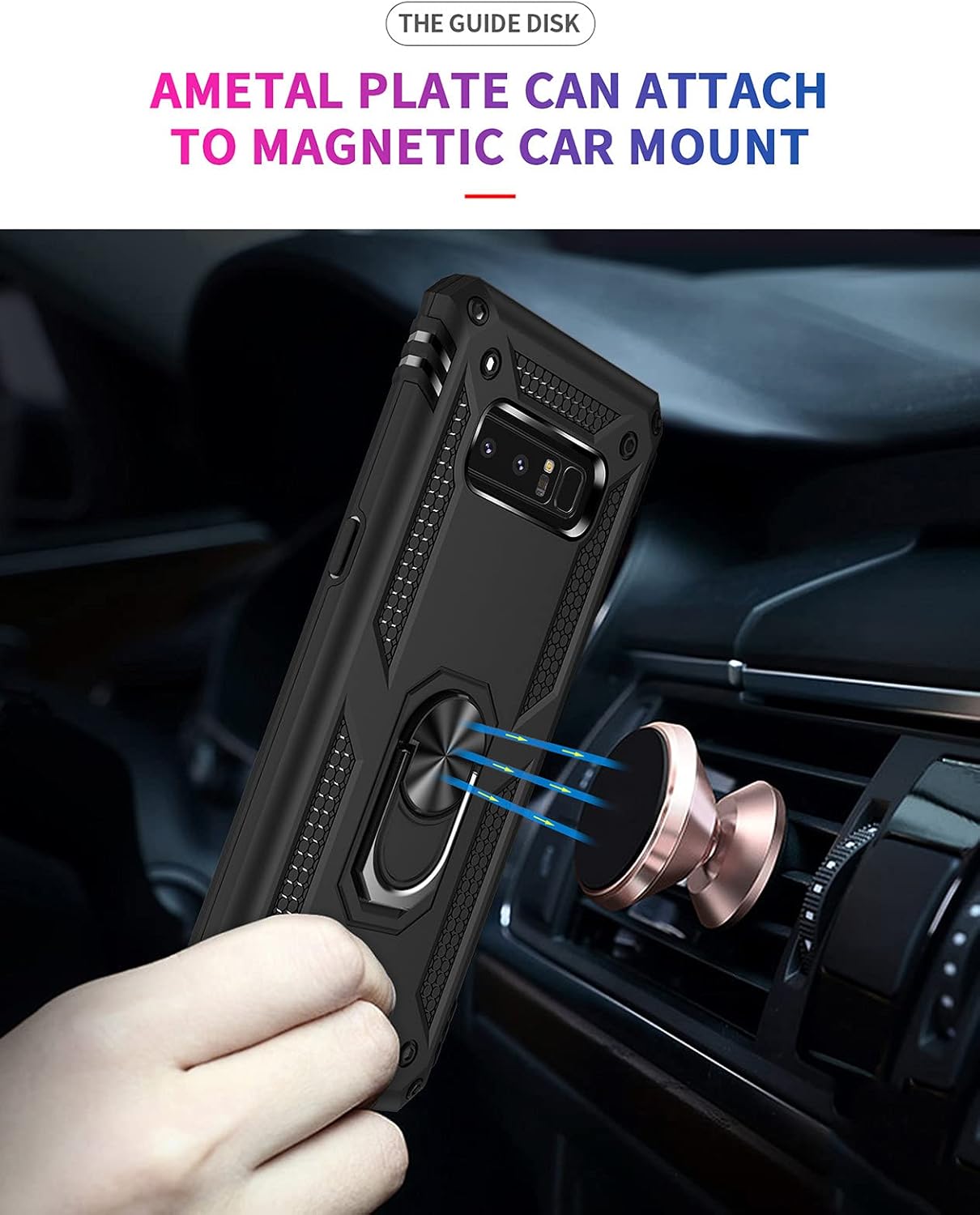 Androgate for Samsung Galaxy Note 8 Case with 3D PET Screen Protectors, Military-Grade Metal Ring Holder Kickstand 15ft Drop Tested Shockproof Cover Case for Samsung Galaxy Note 8 Black