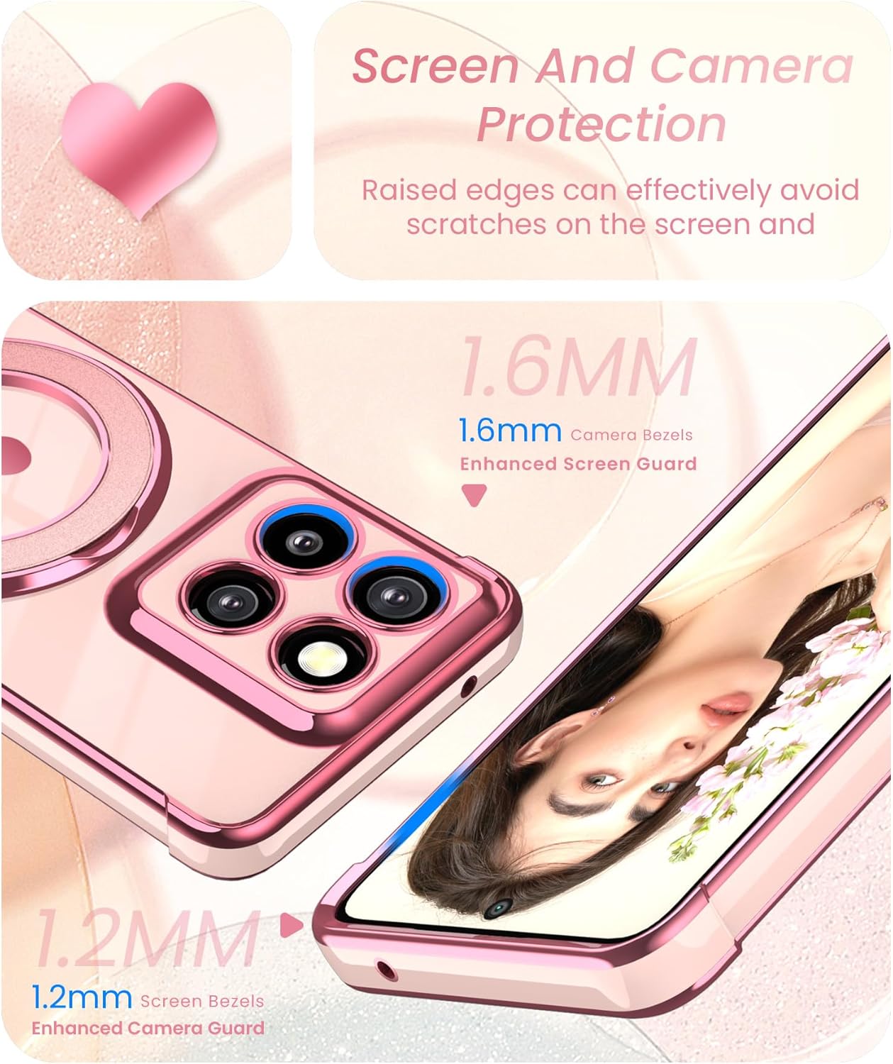 for Motorola Moto G Stylus 5G 2025/2026 Phone Case with Screen Protector,Cute Love Heart,Ring Metal Kickstand,Plated Gold Edge Soft TPU Protection Cover for Moto G Stylus 2025/2026 (Pink)