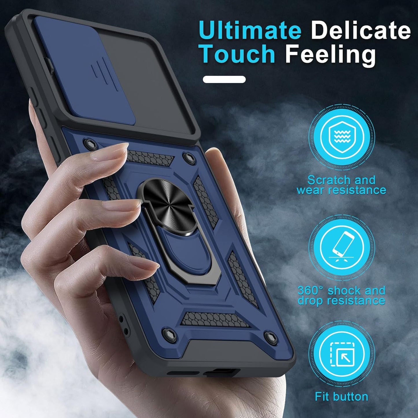 Janmitta Compatible with Moto Edge 2023 Case Built in Slide Camera Lens Cover+Finger Ring Holder Kickstand,Heavy Duty Shockproof Full Body Phone Cover,Blue