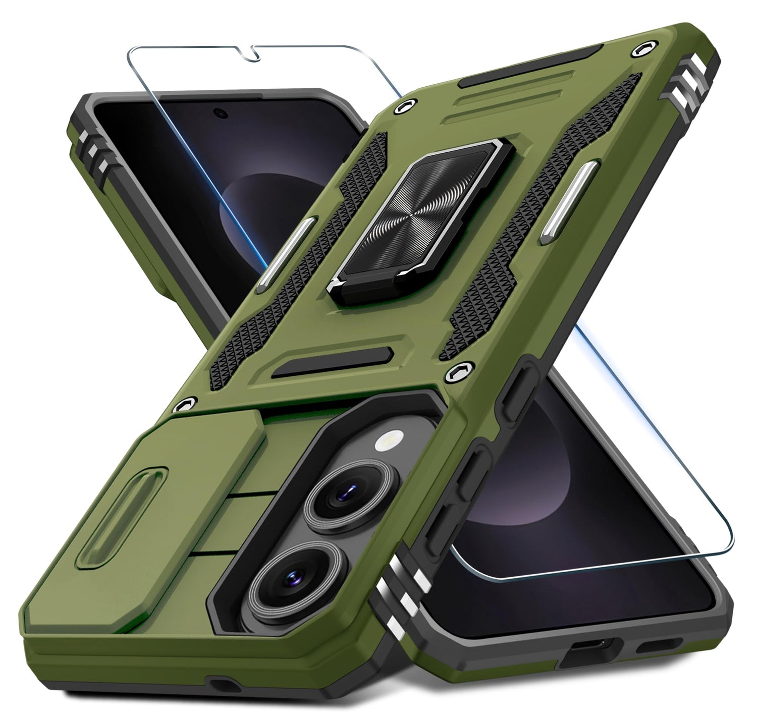 DEERLAMN Case for Samsung Galaxy A17 5G with Slide Camera Cover+Screen Protector (1 Pack), Rotated Ring Kickstand Military Grade Shockproof Protective Cover-Navy Blue