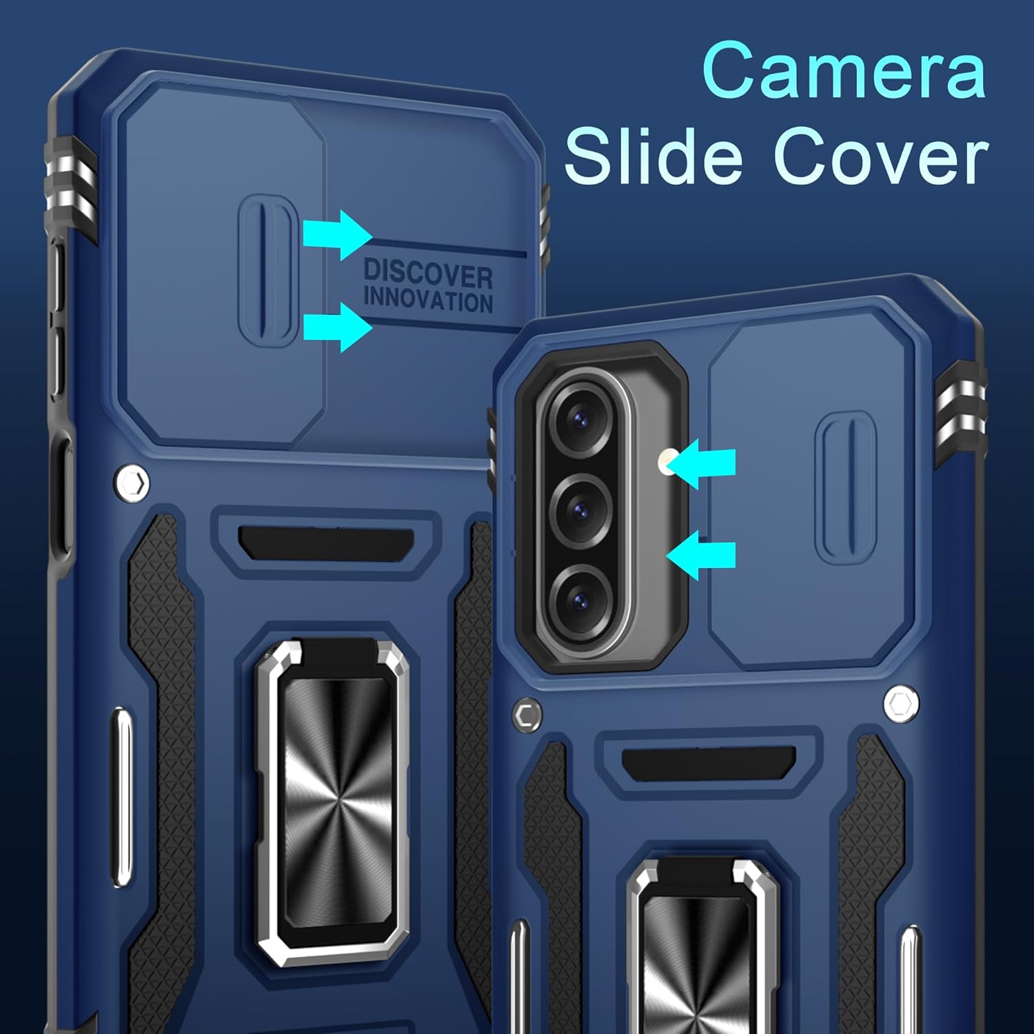 DEERLAMN Case for Samsung Galaxy A17 5G with Slide Camera Cover+Screen Protector (1 Pack), Rotated Ring Kickstand Military Grade Shockproof Protective Cover-Navy Blue