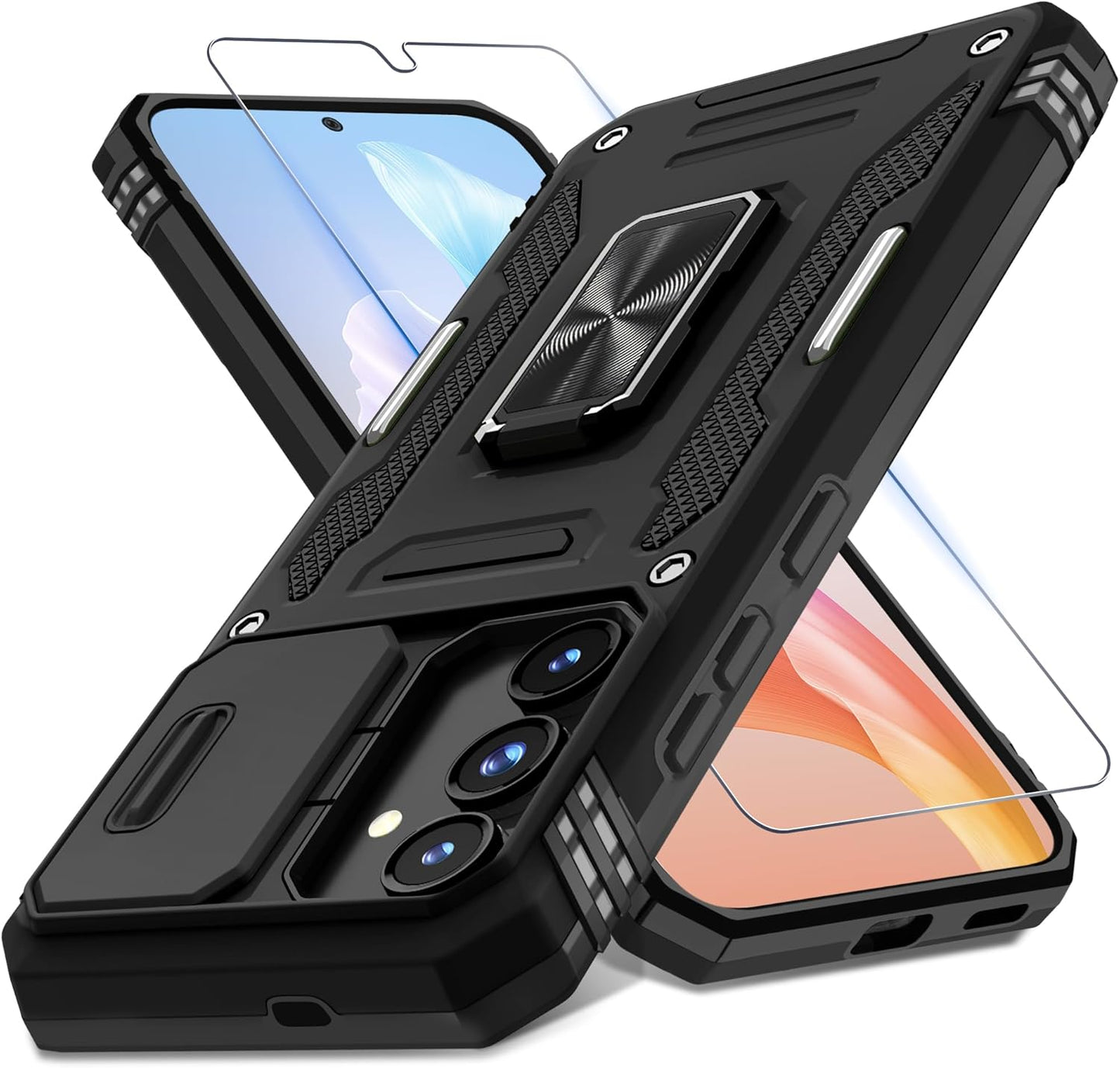 DEERLAMN Case for Samsung Galaxy S24 6.2-Inch with Slide Camera Cover+Screen Protector(1 Pack), Rotated Ring Kickstand Military Grade Shockproof Protective Cover-Black