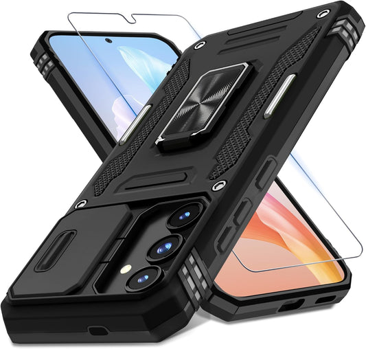 DEERLAMN Case for Samsung Galaxy S24 6.2-Inch with Slide Camera Cover+Screen Protector(1 Pack), Rotated Ring Kickstand Military Grade Shockproof Protective Cover-Black