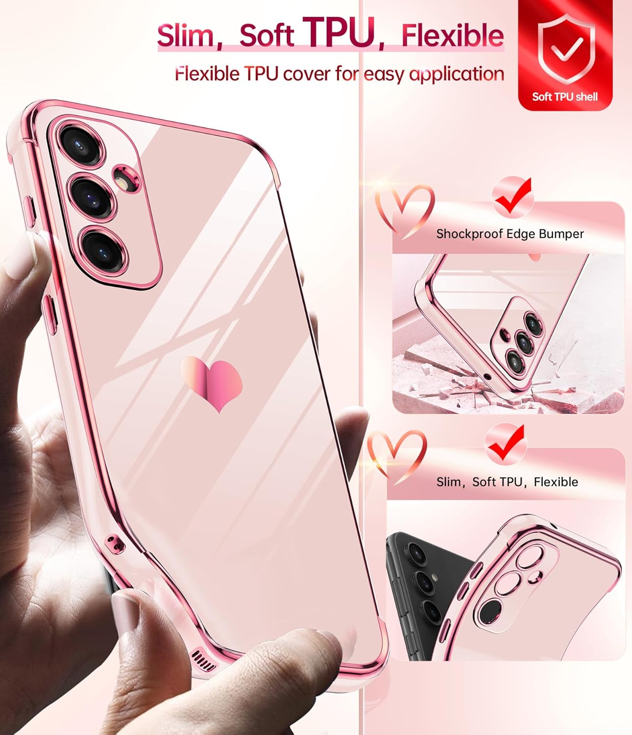 LeYi for Galaxy S23 FE Case: with Tempered Glass Screen Protector [2 Pcs]+ Full Camera Lens Protection, Love Heart Plating Women Cute Luxury Soft TPU Shockproof Case for Samsung S23FE 5G, Pink