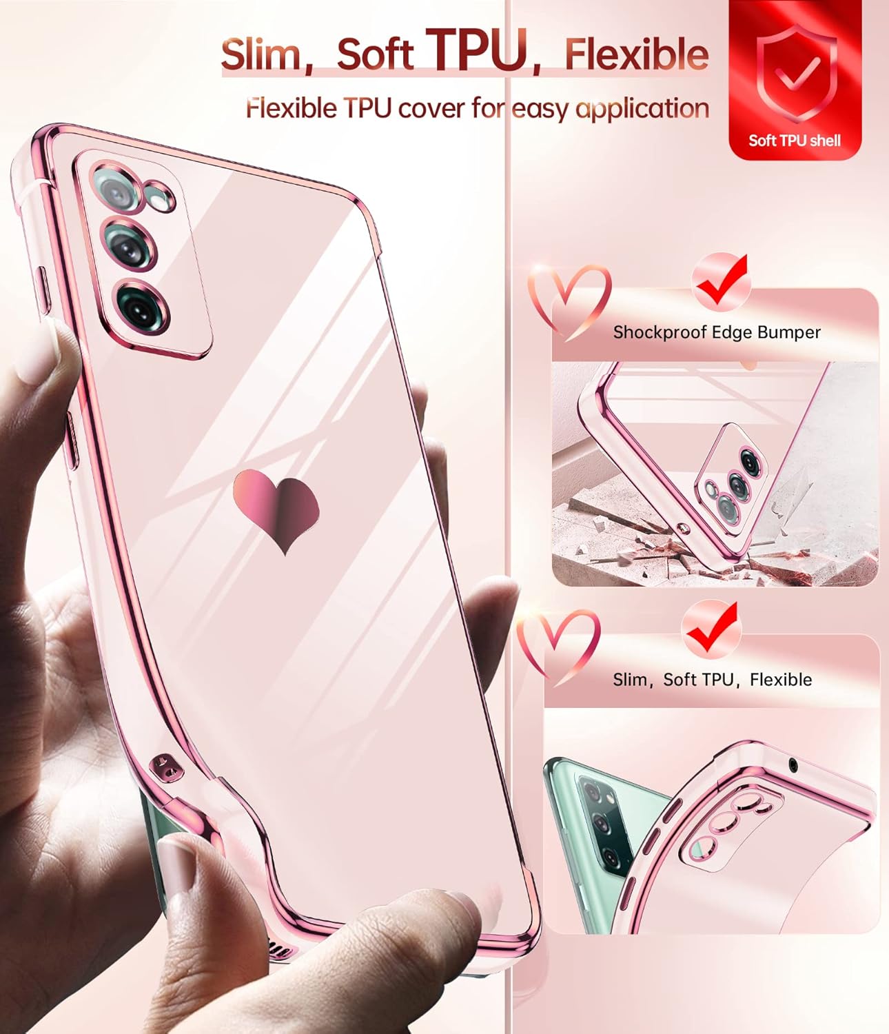 LeYi for Galaxy S20 FE 5G Case: with Screen Protector [2 Pcs]+ Full Camera Protection, Love Heart Plating Girly Women Cute Luxury Soft TPU Case for Samsung S20 Fe, Pink