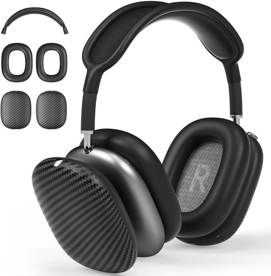 Case Cover for AirPods Max Headphones,AHBTEYM Carbon Fiber Texture TPU Ear Cups Case/Ear Pads/Headband Silicone Cover Compatible with Apple AirPod Max Accessories Protector (Matte Black)