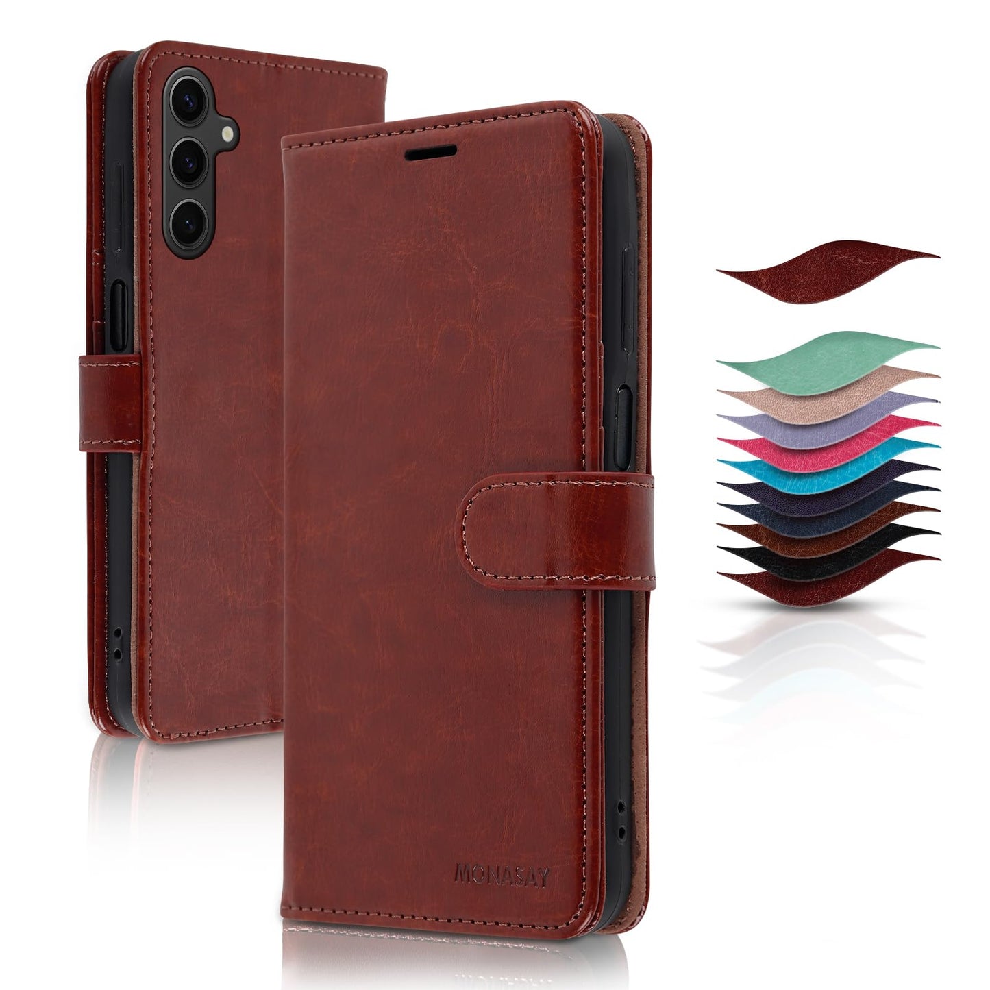 MONASAY Wallet Case Compatible for Samsung Galaxy A25 5G, [Included Glass Screen Protector][RFID Blocking] Flip Folio Leather Cell Phone Cover with Credit Card Holder, Brown