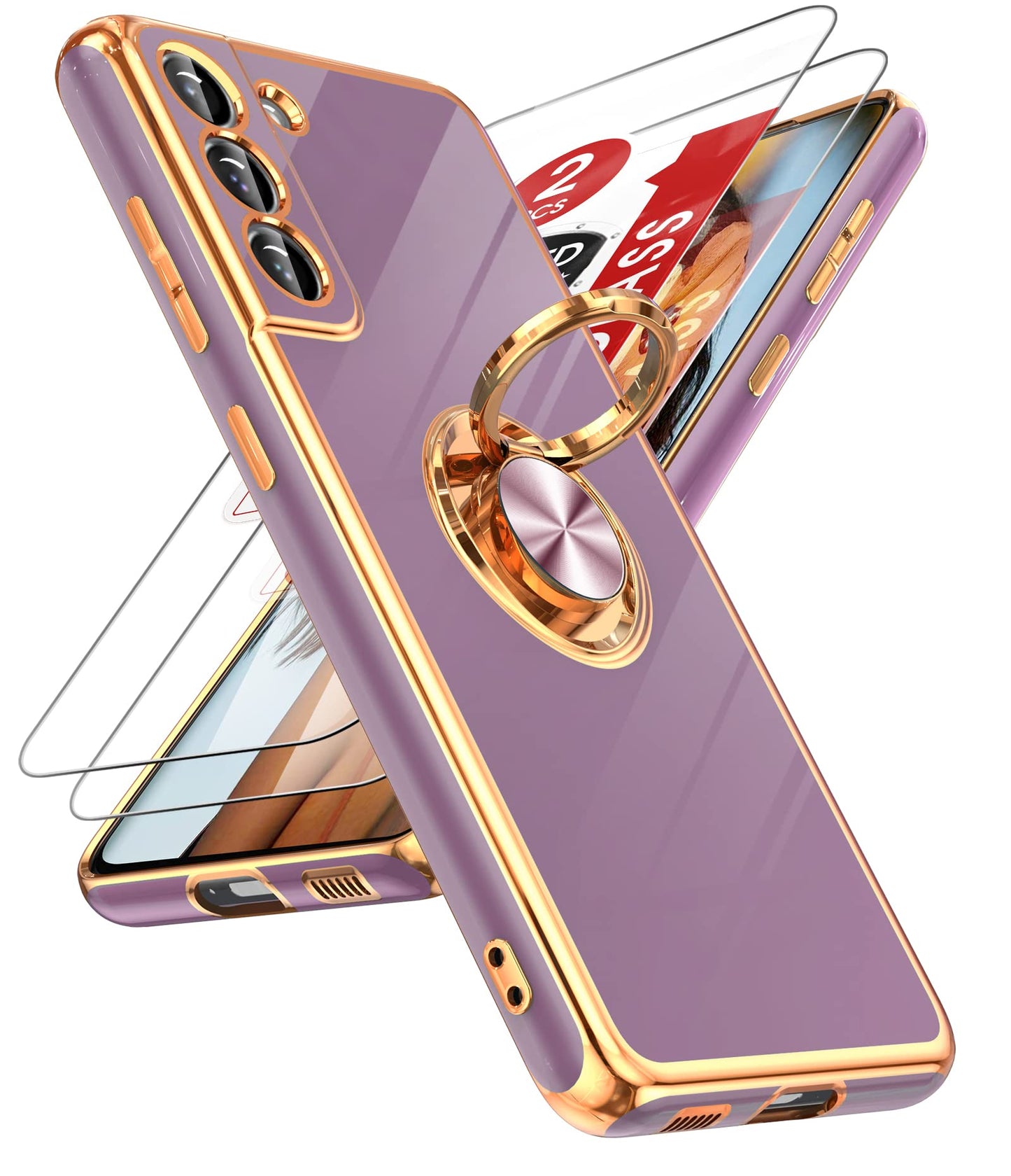 LeYi for Samsung Galaxy S21 FE 5G Case with Tempered Glass Screen Protector [2 Pack] 360° Rotatable Ring Holder Magnetic Kickstand, Plating Rose Gold Edge Protective Case, Blue