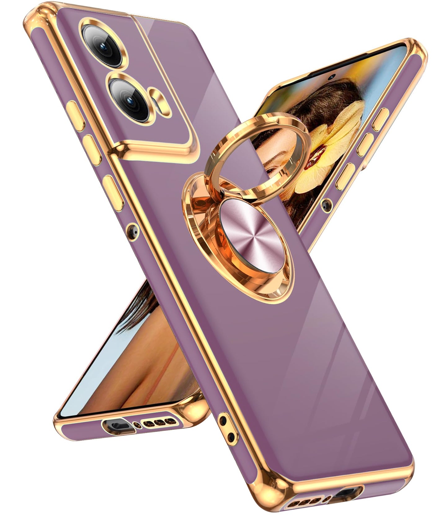 LeYi for Motorola-Edge-2024-Case: 【NOT FIT Edge 50/ G 5G 2024】 with 360° Rotatable Ring Holder Magnetic Kickstand, Plating Rose Gold Edge Protective for Motorola Moto Edge 5G 2024 Case, Black