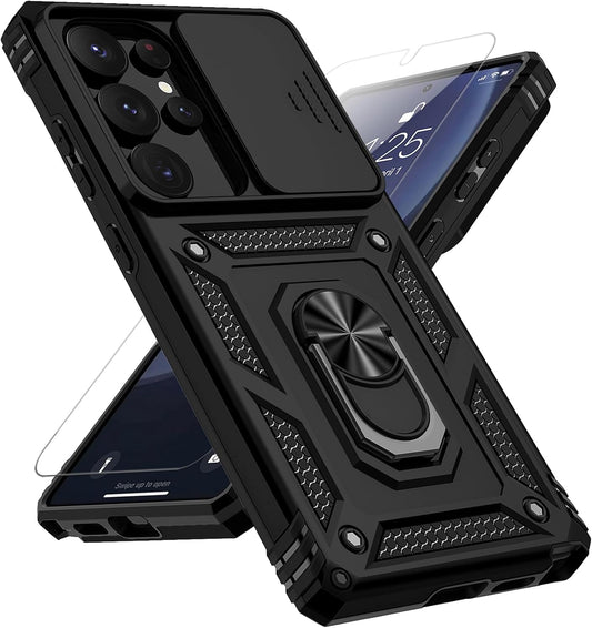 for Samsung Galaxy S25 Ultra Case with Slide Camera Cover HD Screen Protector [Military Grade Drop Tested] Magnetic Ring Holder Kickstand Protective Phone Case for Samsung Galaxy S25 Ultra 2025, Black