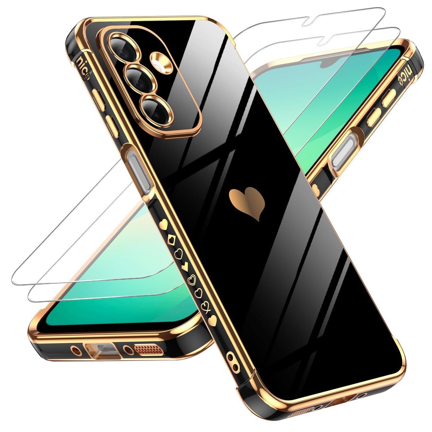 LeYi for Galaxy A16-5G Phone Case: Tempered Glass Screen Protector [2 Pcs]+ Full Camera Lens Protection,Love Heart Plating Luxury Shockproof Phone Case para Samsung A 16 5G Cute,Pink