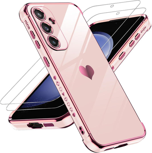 LeYi for Galaxy S23 FE Case: with Tempered Glass Screen Protector [2 Pcs]+ Full Camera Lens Protection, Love Heart Plating Women Cute Luxury Soft TPU Shockproof Case for Samsung S23FE 5G, Pink