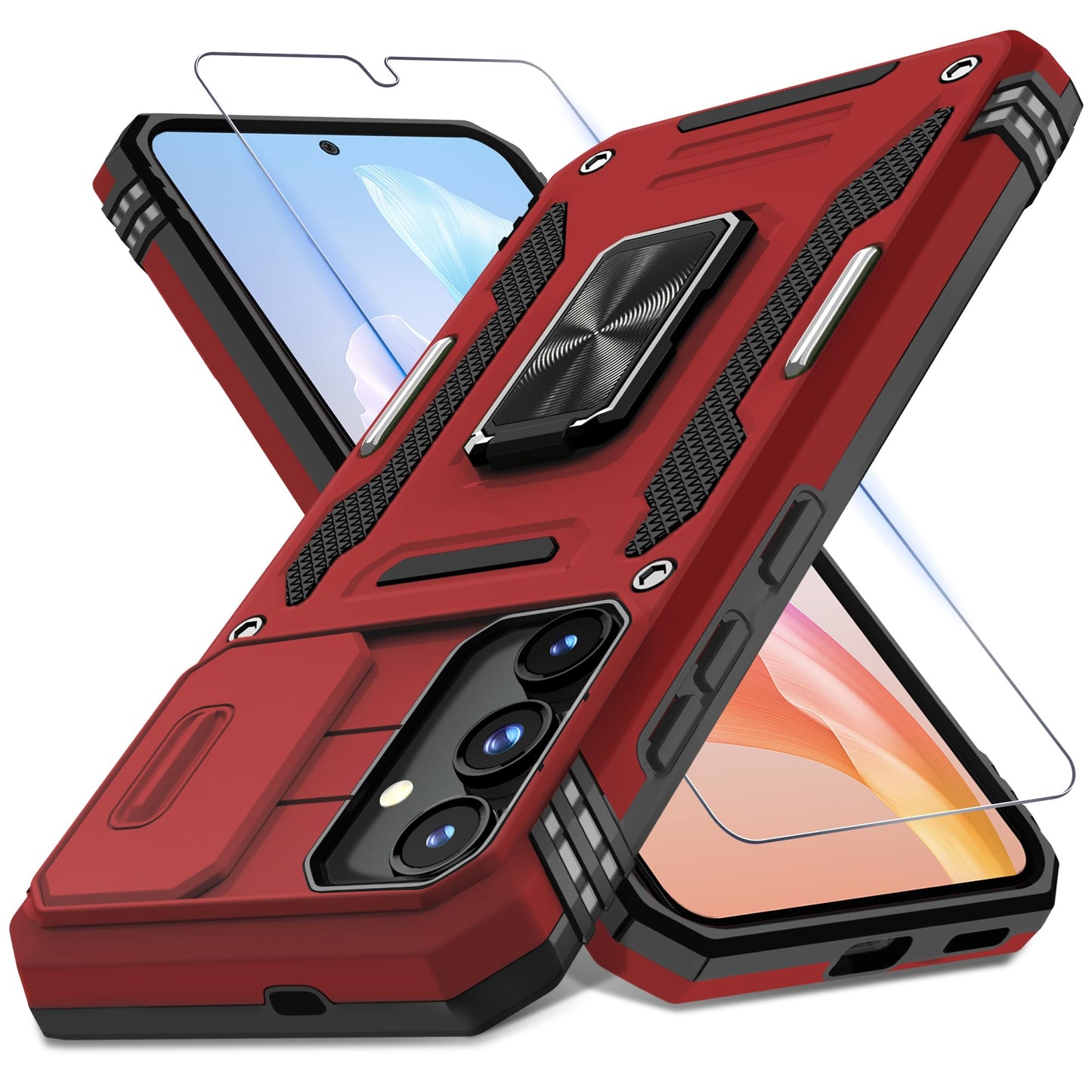 DEERLAMN Case for Samsung Galaxy S24 6.2-Inch with Slide Camera Cover+Screen Protector(1 Pack), Rotated Ring Kickstand Military Grade Shockproof Protective Cover-Black