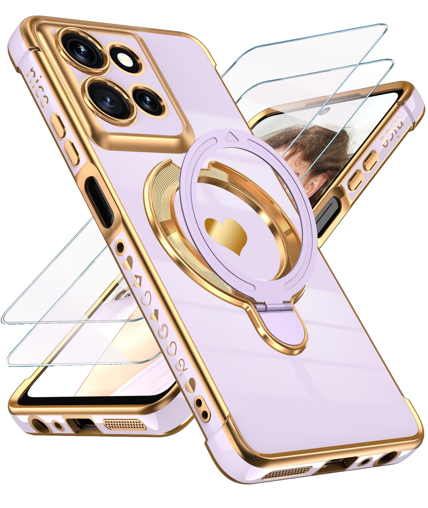 for Motorola Moto G Power 5G 2025/2026 Phone Case with Screen Protector,Cute Love Heart,Ring Metal Kickstand,Plated Gold Edge Soft TPU Protection Cover for Moto G Power 2025/2026 (Pink)