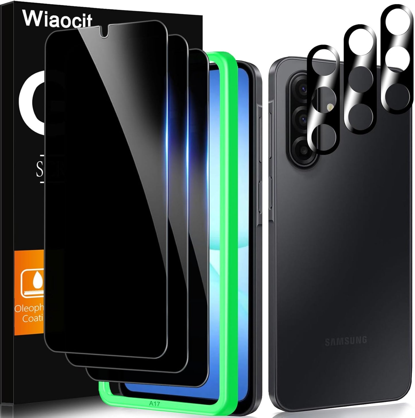 Wiaocit 3 Pack Tempered Glass Privacy Screen Protector for Samsung Galaxy A17 5G with 3 Pack Camera Lens Protector, 9H Hardness, Bubble Free, Case Friendly