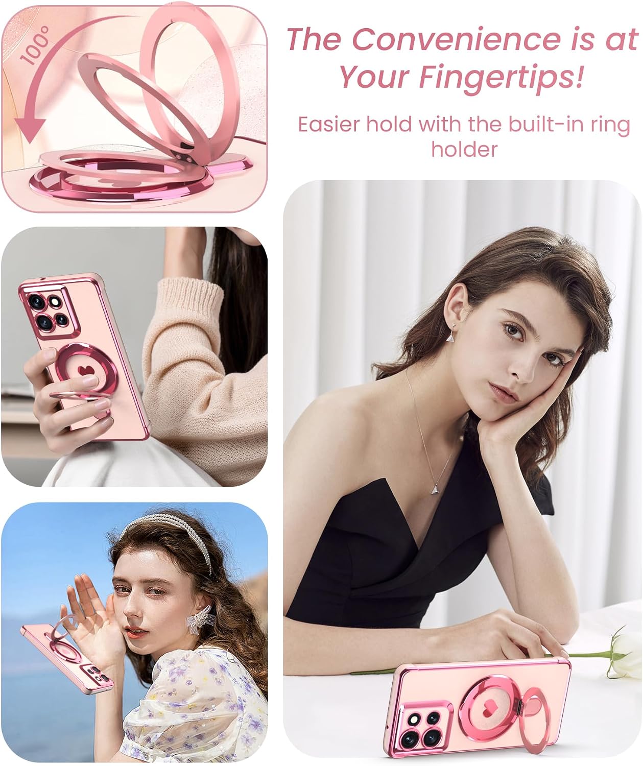 for Motorola Moto G Stylus 5G 2025/2026 Phone Case with Screen Protector,Cute Love Heart,Ring Metal Kickstand,Plated Gold Edge Soft TPU Protection Cover for Moto G Stylus 2025/2026 (Pink)