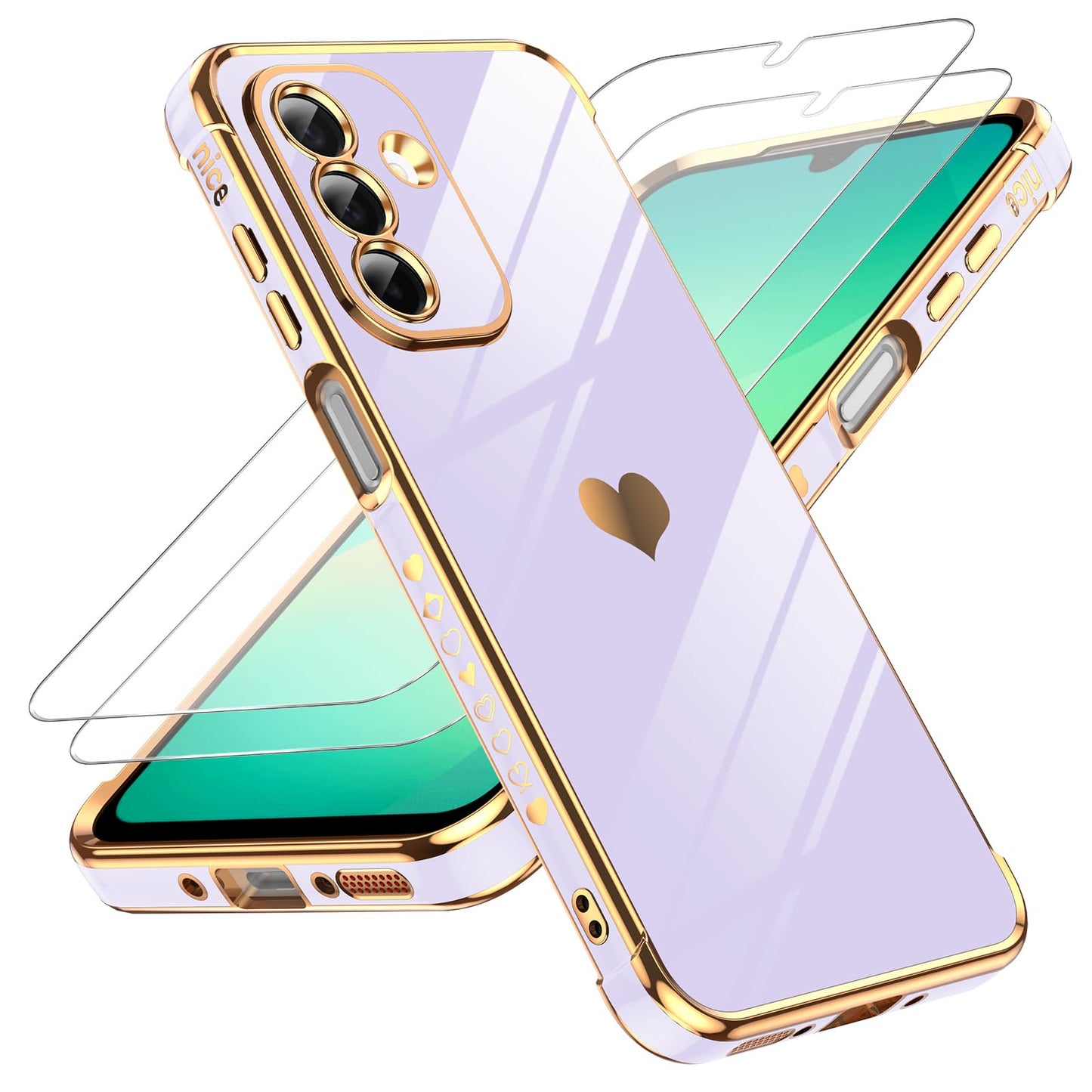 LeYi for Samsung Galaxy A14 5G Case: with Tempered Glass Screen Protector [2 Pcs]+ Full Camera Lens Protection, Love Heart Plating Girly Luxury Shockproof Case for A 14 5G, Pink
