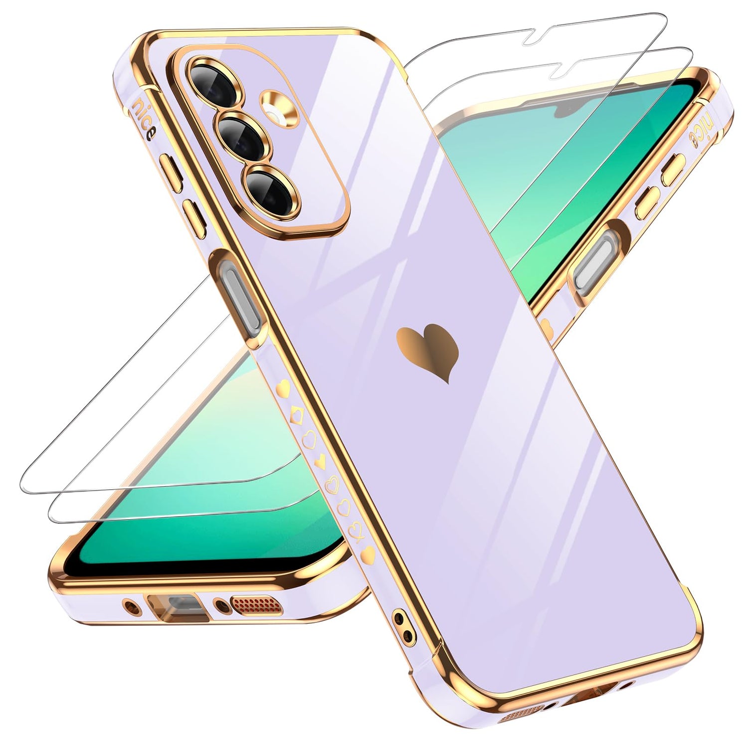 LeYi for Galaxy A16-5G Phone Case: Tempered Glass Screen Protector [2 Pcs]+ Full Camera Lens Protection,Love Heart Plating Luxury Shockproof Phone Case para Samsung A 16 5G Cute,Pink