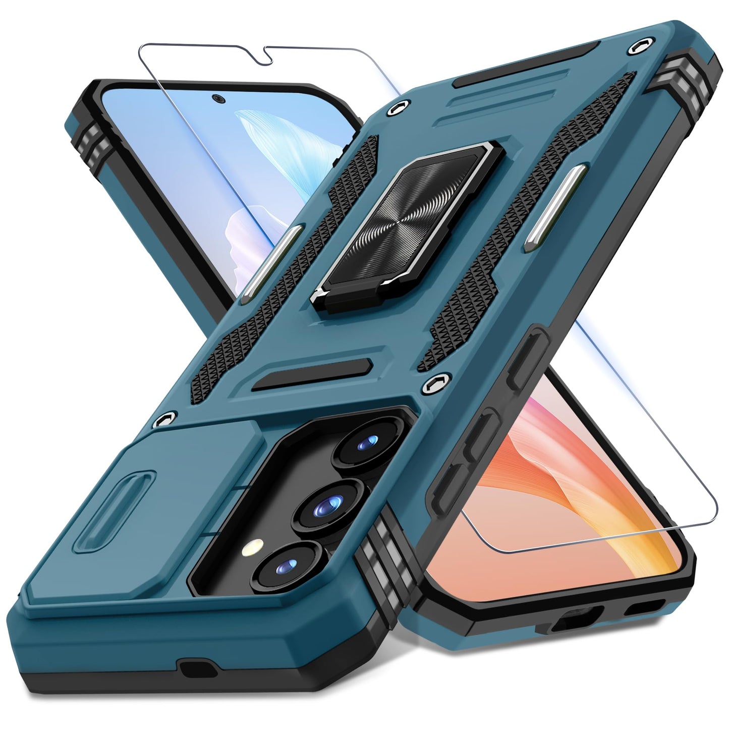 DEERLAMN Case for Samsung Galaxy S24 6.2-Inch with Slide Camera Cover+Screen Protector(1 Pack), Rotated Ring Kickstand Military Grade Shockproof Protective Cover-Black