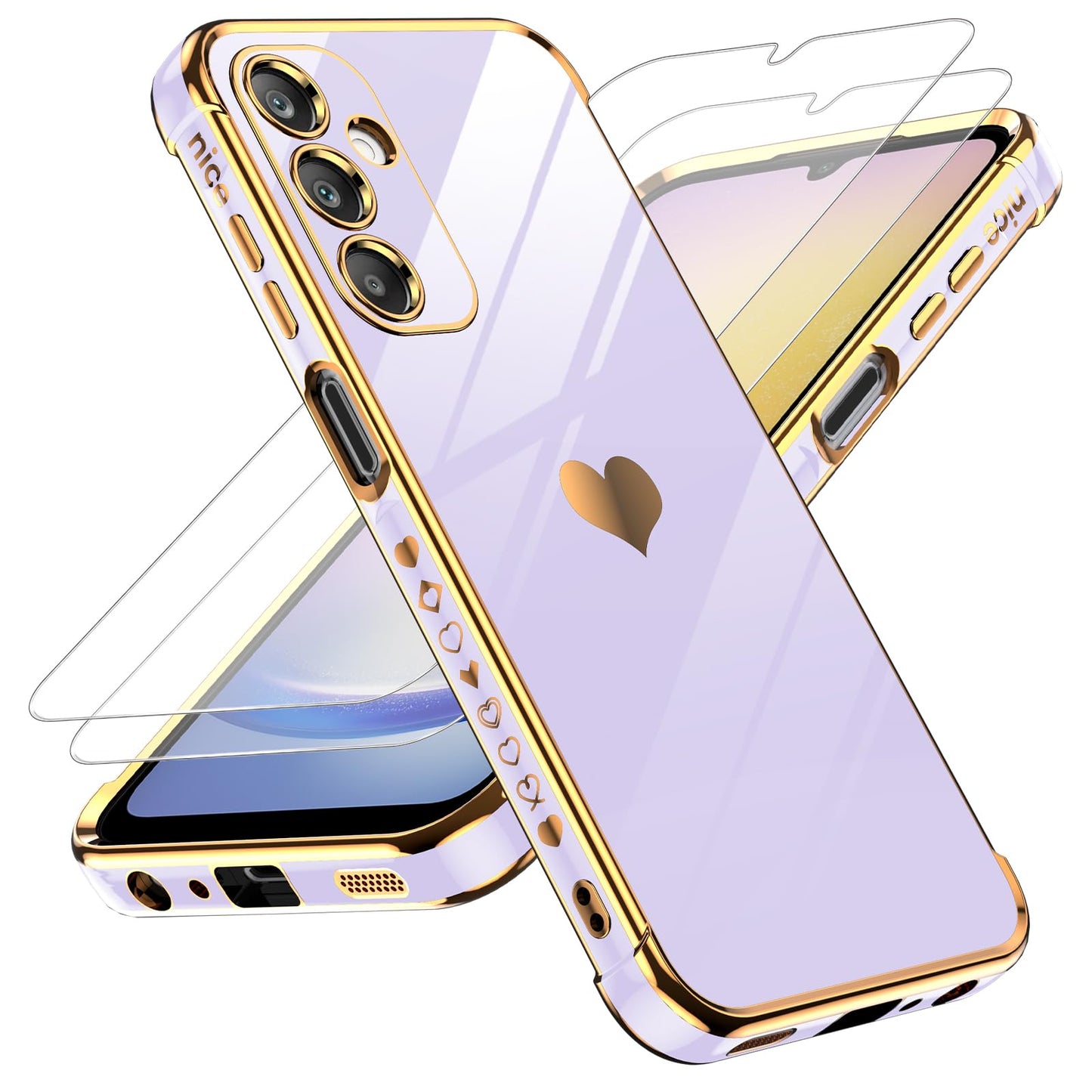 LeYi for Samsung Galaxy A25-5G Phone Case: with Tempered Glass Screen Protector [2 Pcs]+ Full Camera Lens Protection, Love Heart Plating Women Luxury Soft TPU Shockproof Case for Samsung A25 5G, Pink