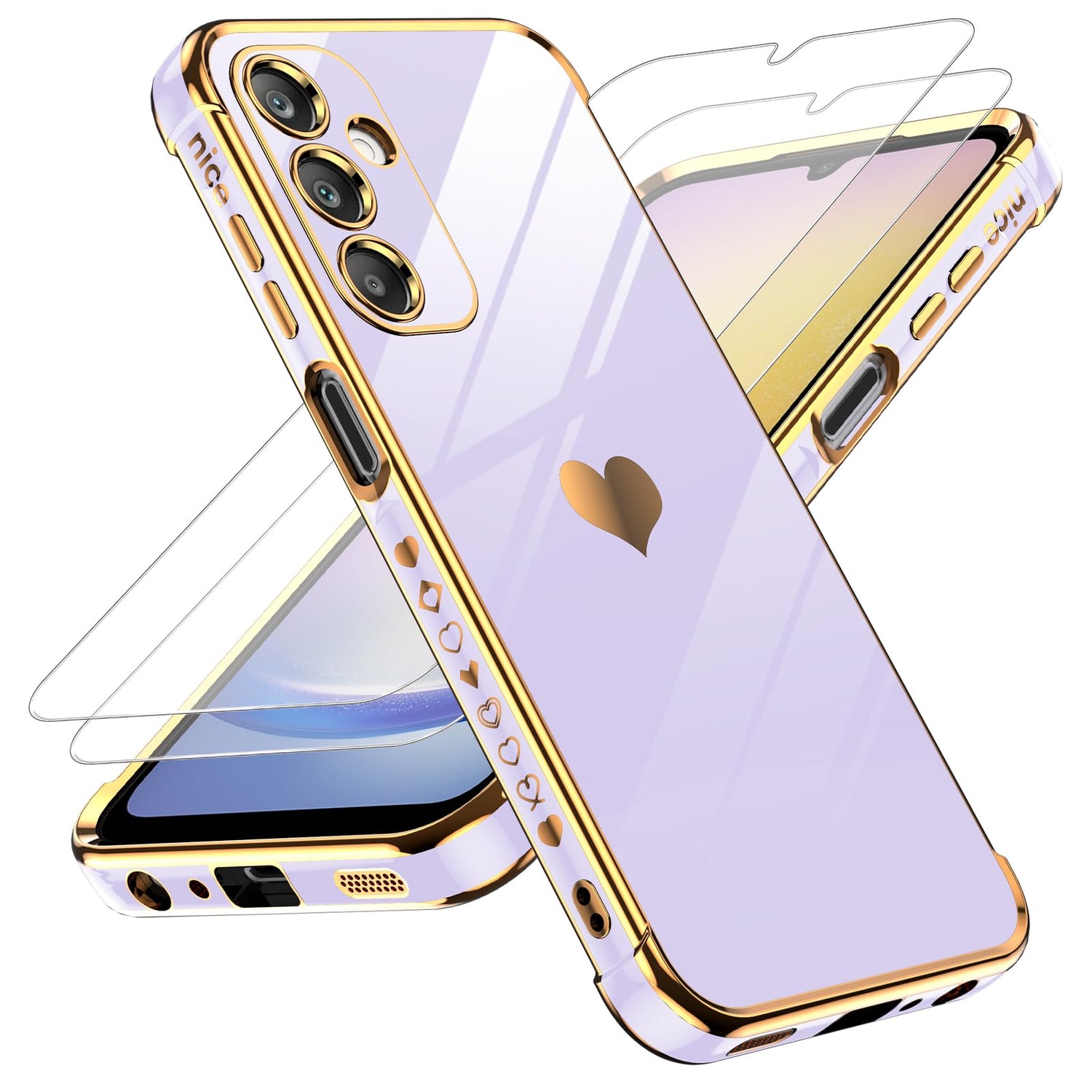 LeYi for Samsung Galaxy A25-5G Phone Case: with Tempered Glass Screen Protector [2 Pcs]+ Full Camera Lens Protection, Love Heart Plating Women Luxury Soft TPU Shockproof Case for Samsung A25 5G, Pink