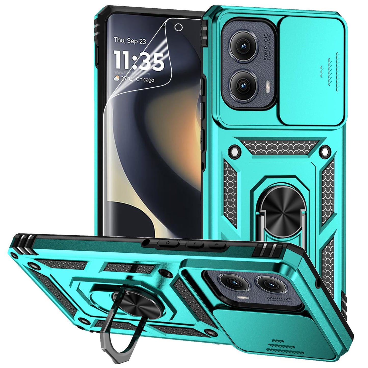for Motorola Edge 2024 Case with Camera Lens Cover Screen Protector, Dual Layer Military-Grade Drop Tested Magnetic Ring Holder Kickstand Protective Phone Case for Motorola Moto Edge 2024 (Navy Blue)