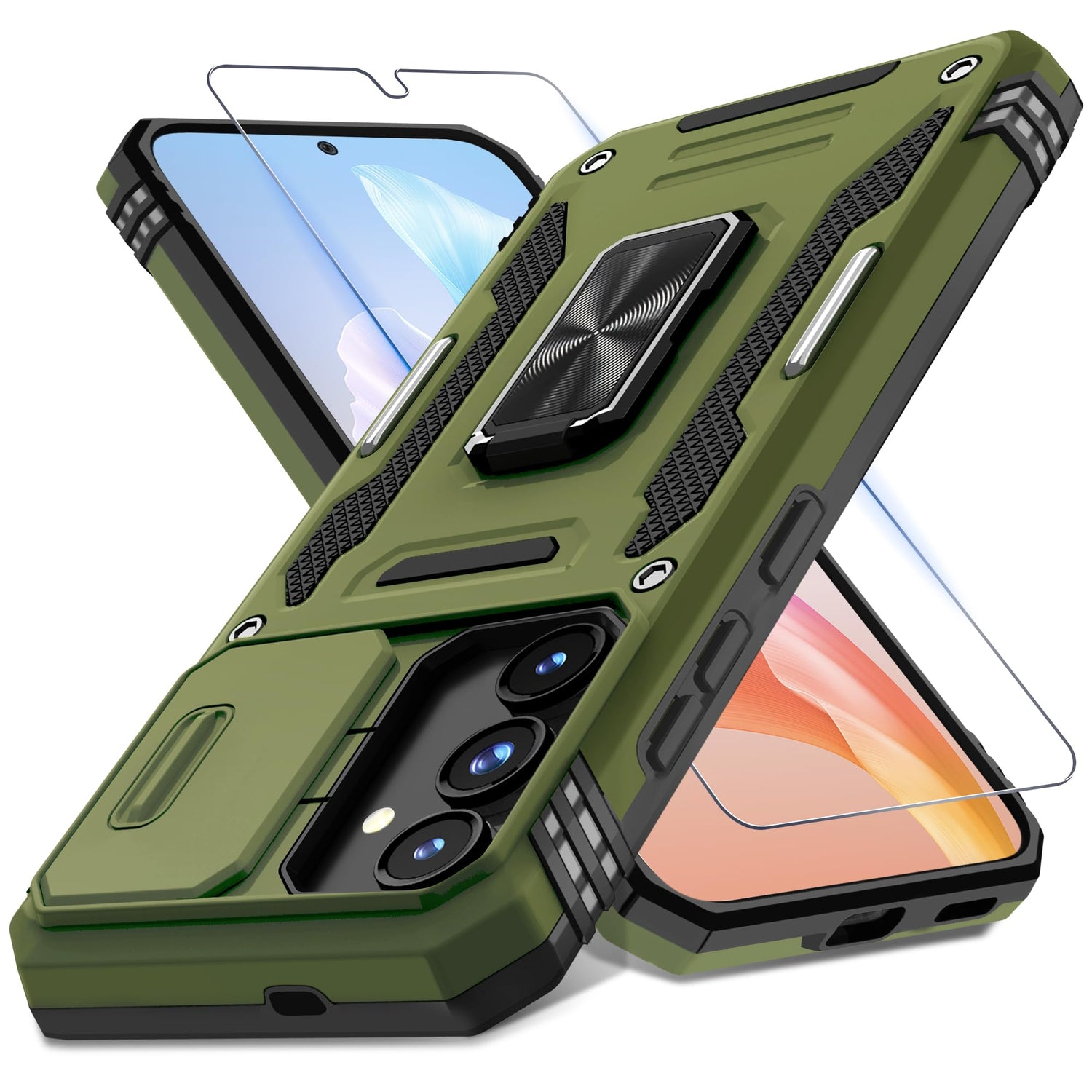 DEERLAMN Case for Samsung Galaxy S24 6.2-Inch with Slide Camera Cover+Screen Protector(1 Pack), Rotated Ring Kickstand Military Grade Shockproof Protective Cover-Black