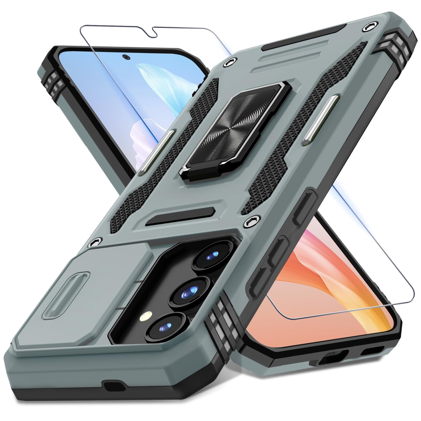 DEERLAMN Case for Samsung Galaxy S24 6.2-Inch with Slide Camera Cover+Screen Protector(1 Pack), Rotated Ring Kickstand Military Grade Shockproof Protective Cover-Black