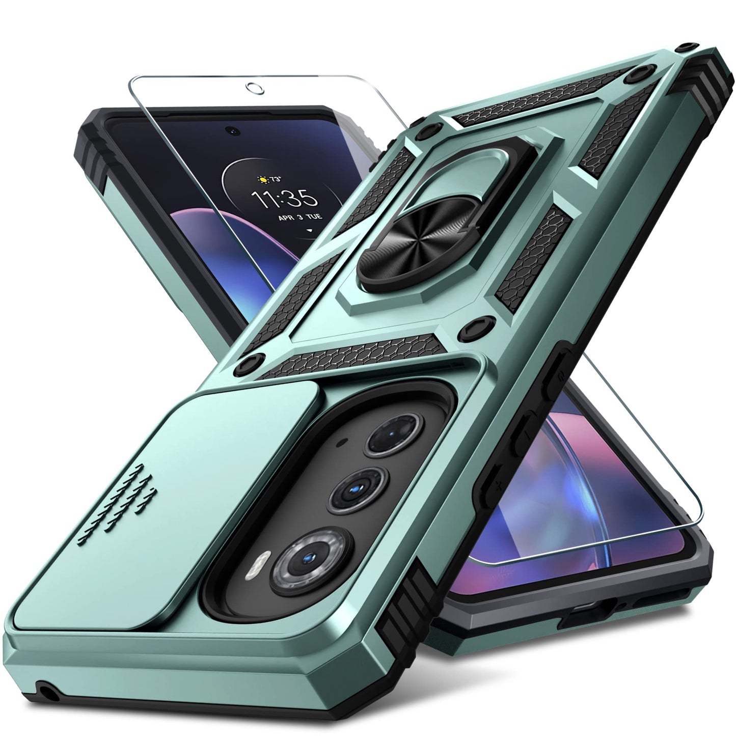 Janmitta Compatible with Moto Edge 2023 Case Built in Slide Camera Lens Cover+Finger Ring Holder Kickstand,Heavy Duty Shockproof Full Body Phone Cover,Blue