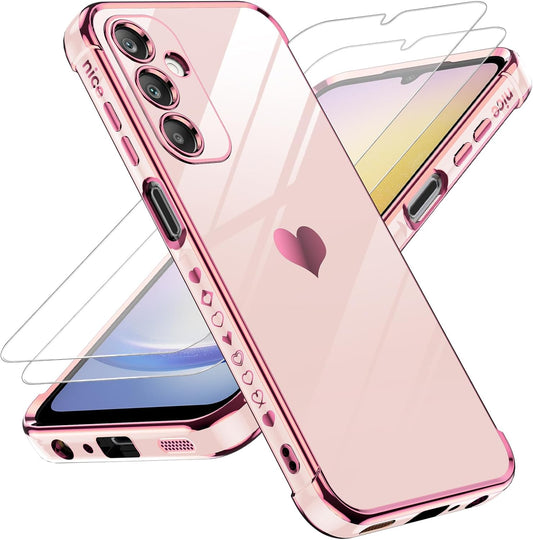 LeYi for Samsung Galaxy A25-5G Phone Case: with Tempered Glass Screen Protector [2 Pcs]+ Full Camera Lens Protection, Love Heart Plating Women Luxury Soft TPU Shockproof Case for Samsung A25 5G, Pink