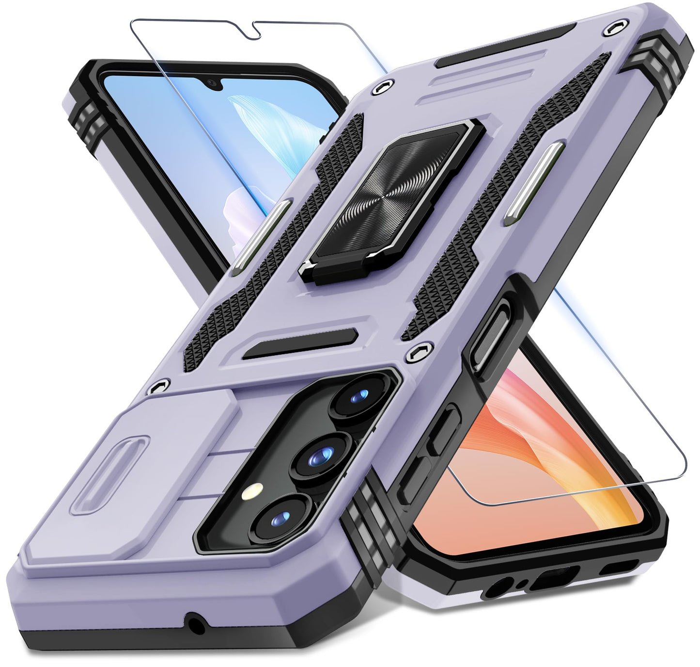 DEERLAMN Case for Samsung Galaxy A17 5G with Slide Camera Cover+Screen Protector (1 Pack), Rotated Ring Kickstand Military Grade Shockproof Protective Cover-Navy Blue