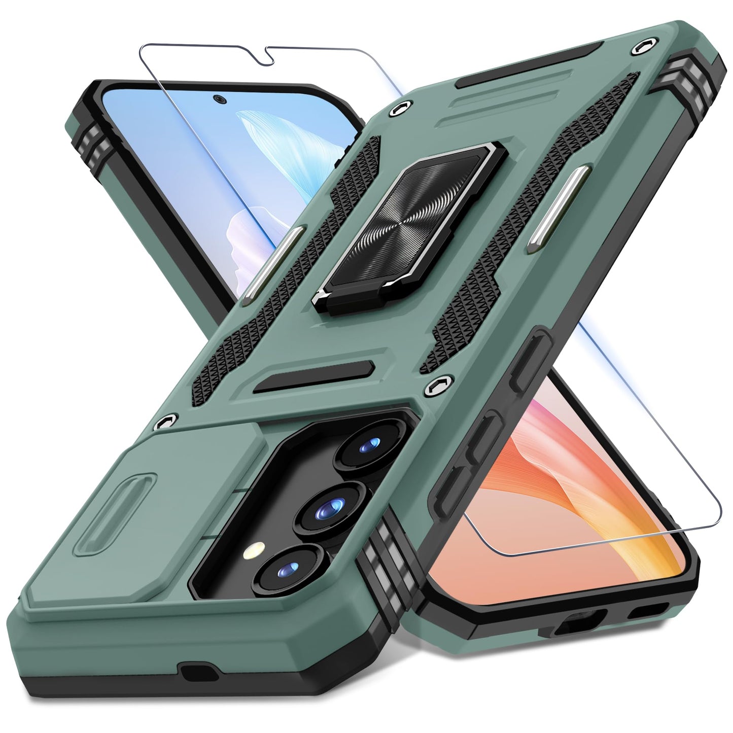 DEERLAMN Case for Samsung Galaxy S24 6.2-Inch with Slide Camera Cover+Screen Protector(1 Pack), Rotated Ring Kickstand Military Grade Shockproof Protective Cover-Black