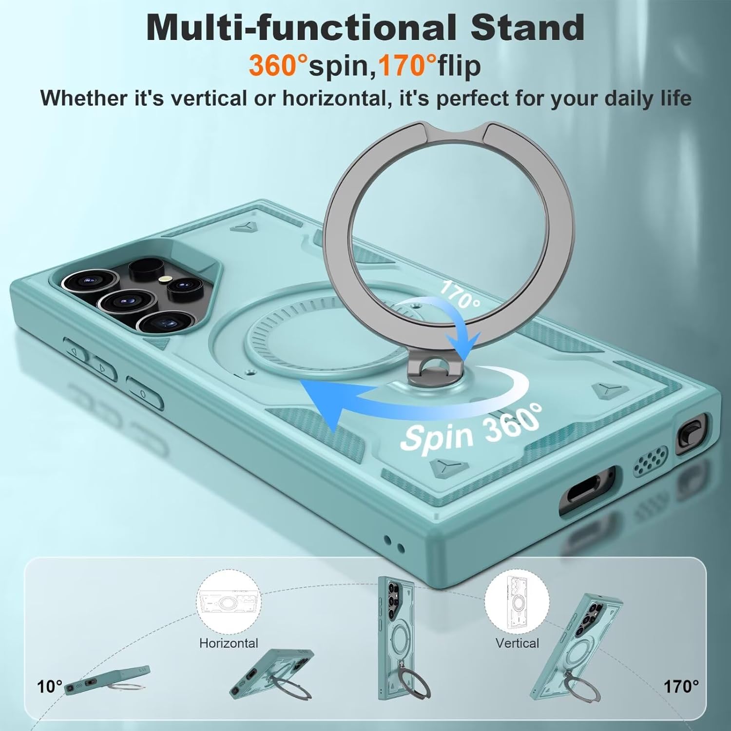 for Samsung Galaxy-S23-Ultra-Case with Magsafe & [HD Screen Protector×2][Anti-Fingerprint], 360° Metal Rotated Kickstand,Military Grade Shockproof Protective for Galaxy S23 Ultra Case,Light Blue