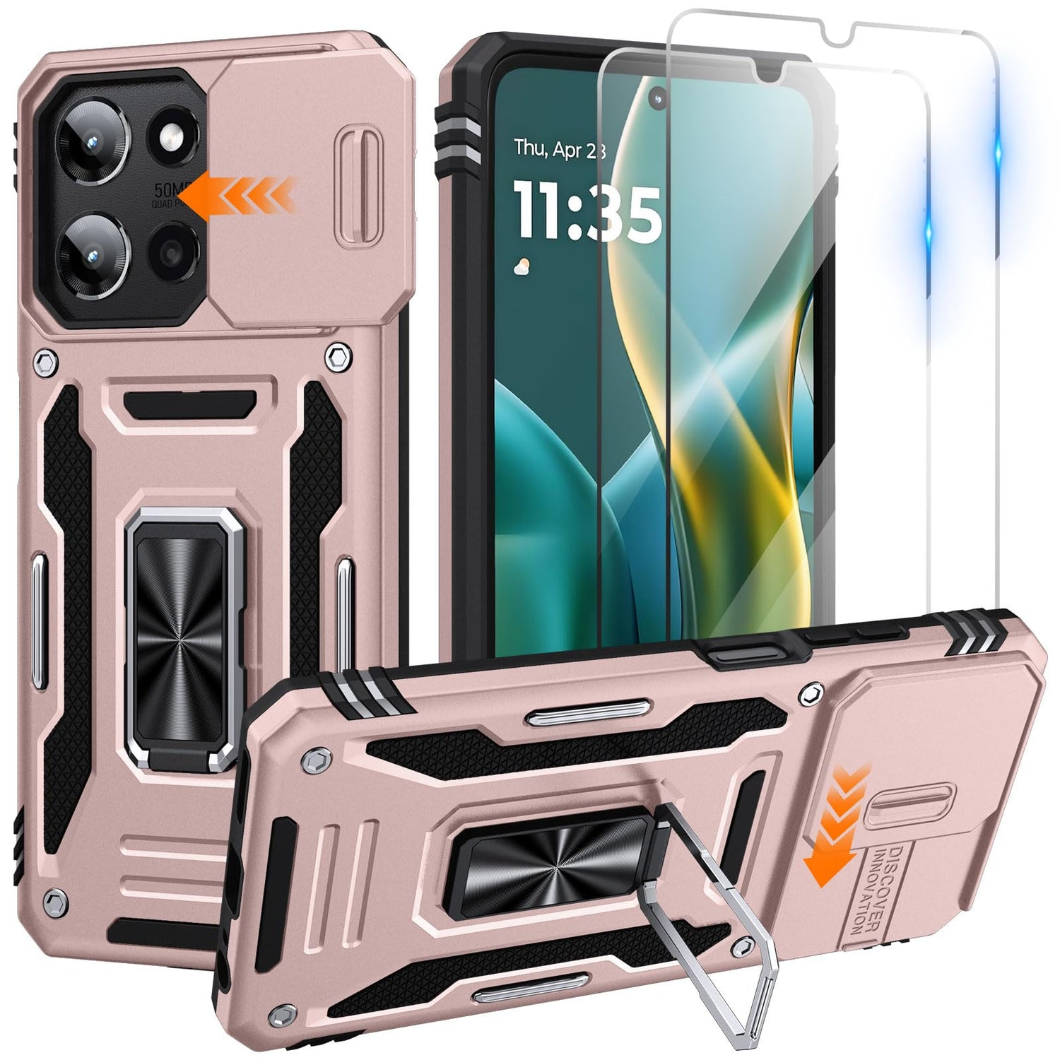 for Moto G Power 2025 Case/Moto G Power 2026 Case with 2 PCS HD Screen Protector, Slide Camera Cover Military Grade Drop Protection 360° Ring Holder Kickstand, Heavy Duty Shockproof, Black