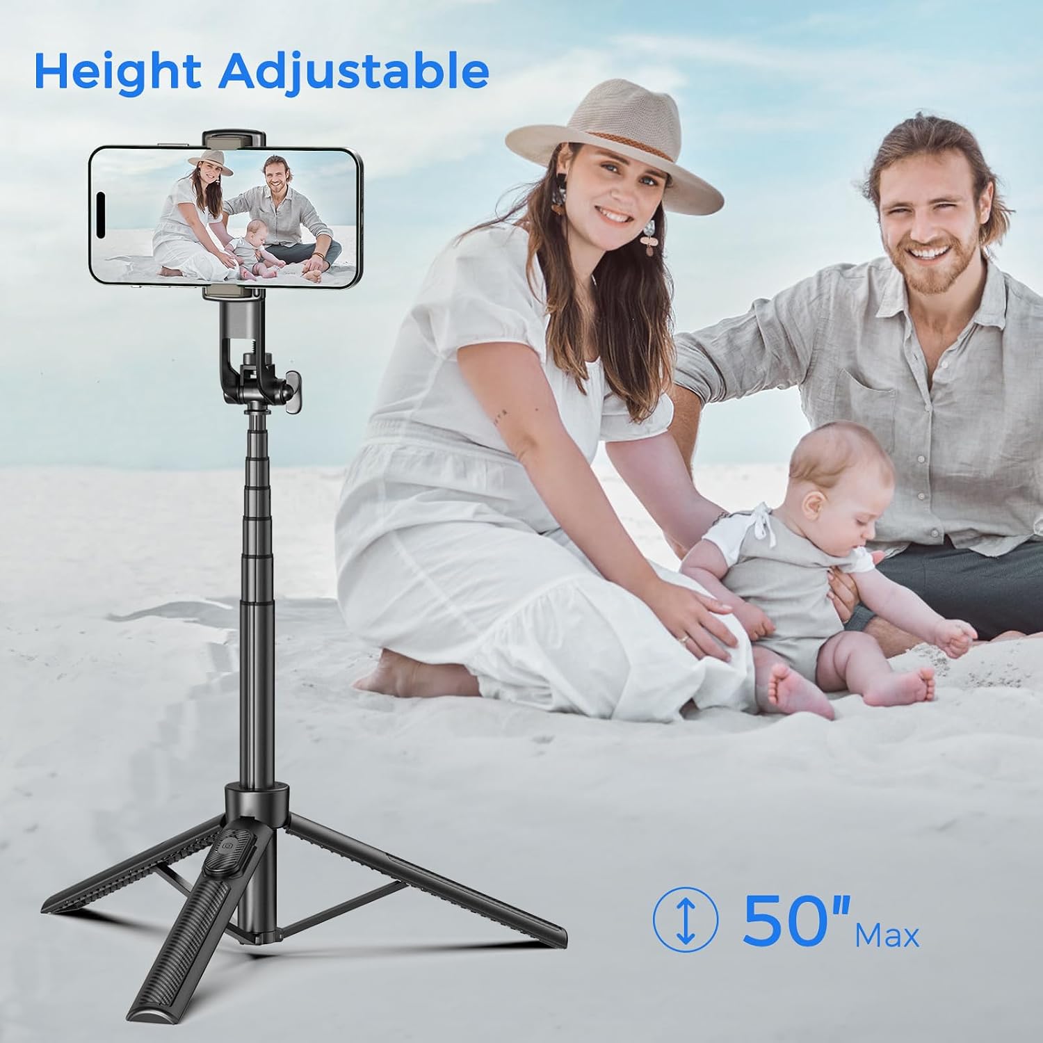 Selfie Stick Tripod for Phone with Remote Control & Holder, 50 Inch, Black | Extendable Selfie Stick Travel for iPhone, iPhone Tripod for Video Recording
