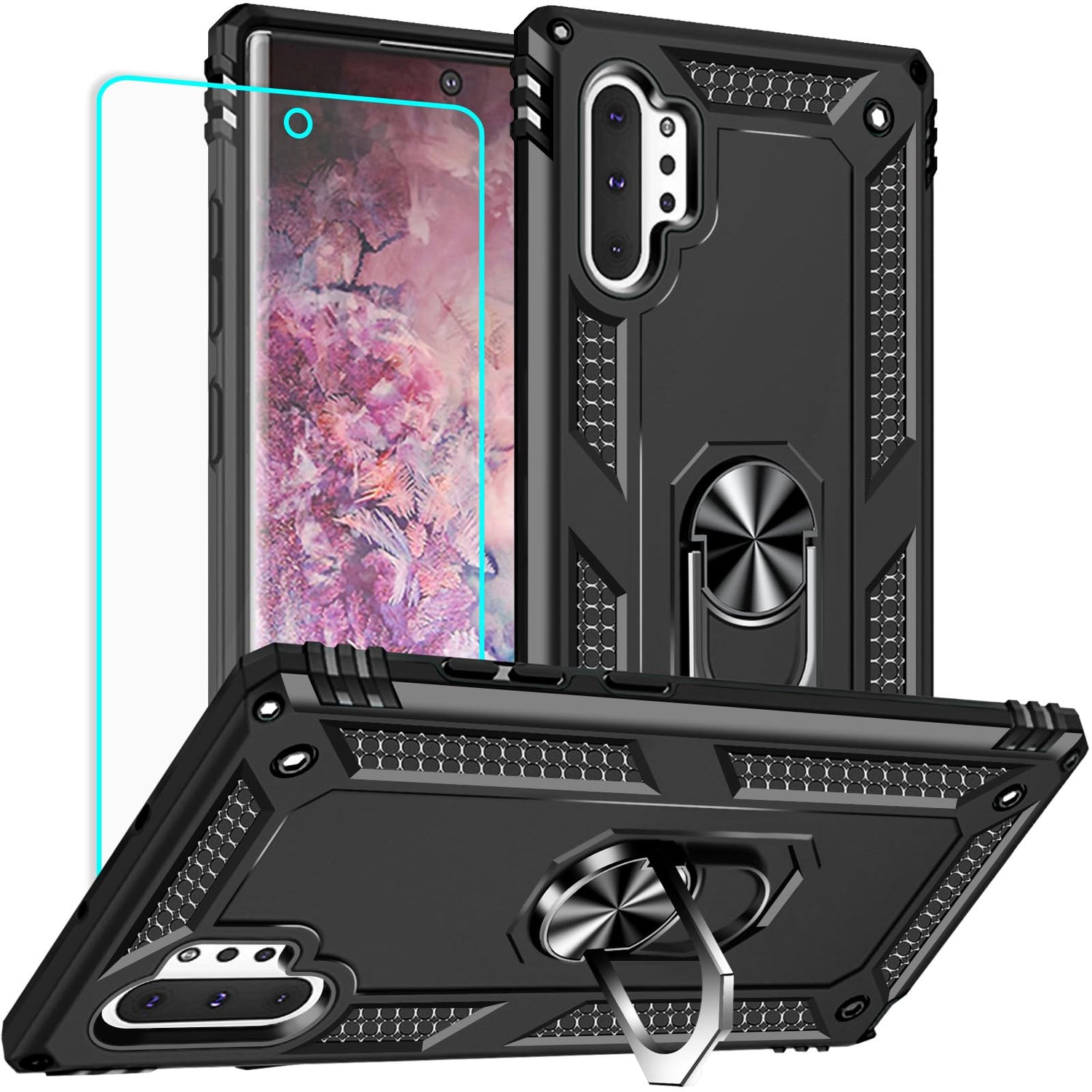 for Samsung Galaxy Note 10 Plus Case with Screen Protector:[Military Grade Drop Tested] Ring Holder Kickstand Shockproof Anti-Slip Protective Phone Case for Note 10 Plus 6.8- Red