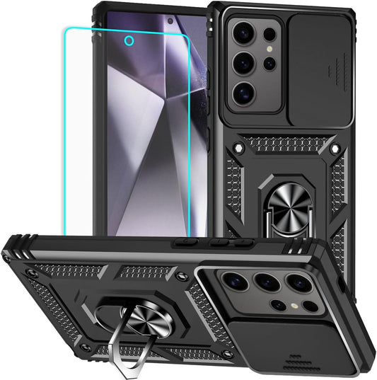 HNHYGETE for Samsung Galaxy S24 Ultra Case with Screen Protector: [Military Grade 20ft. Drop Tested] Slide Camera Cover Ring Shockproof Protective Phone Case for - Galaxy S24 Ultra (Black)