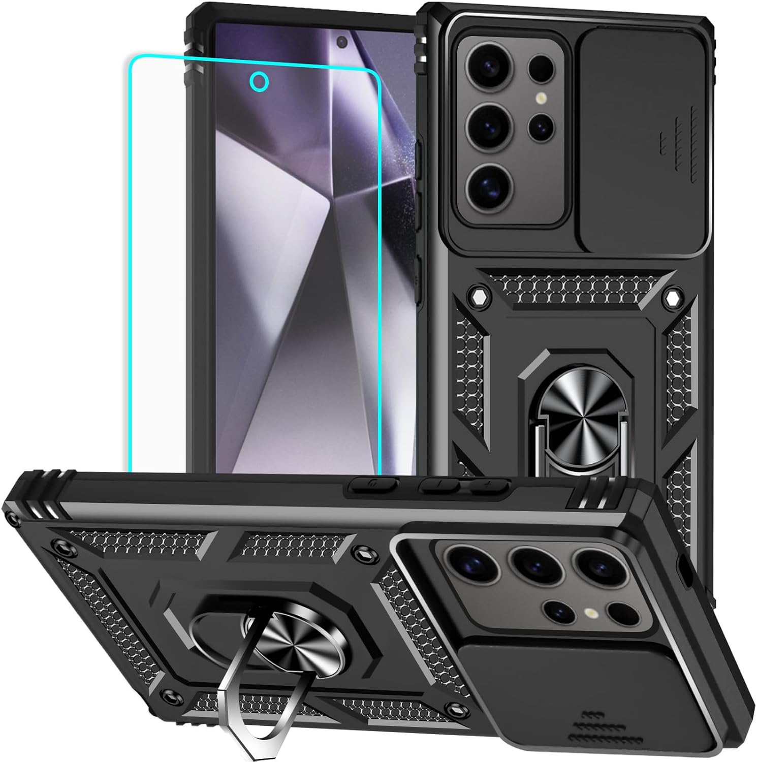 HNHYGETE for Samsung Galaxy S24 Ultra Case with Screen Protector: [Military Grade 20ft. Drop Tested] Slide Camera Cover Ring Shockproof Protective Phone Case for - Galaxy S24 Ultra (Black)