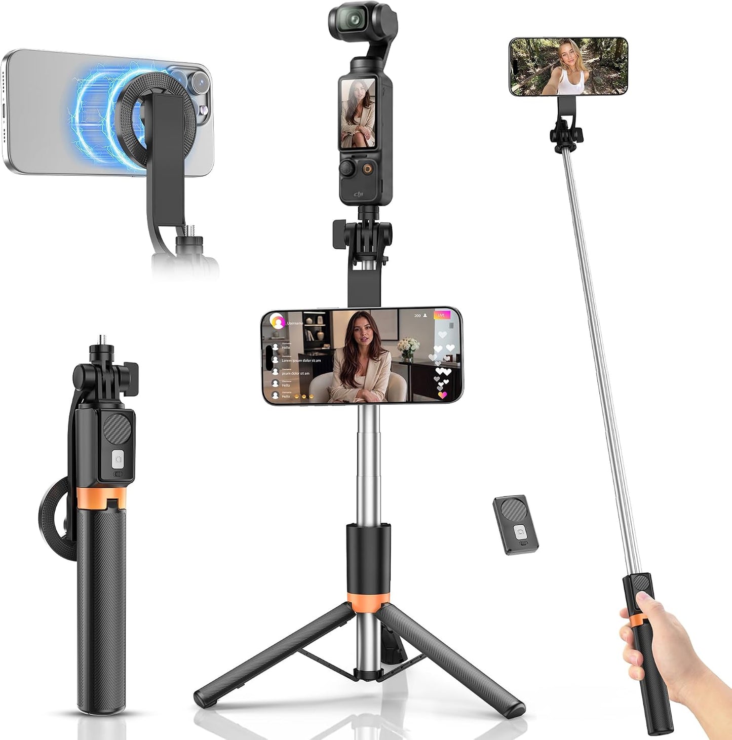 Magnetic Selfie Stick Tripod with 1/4" Camera Mount, Dual Device Phone & Camera Setup, Portable Content Creator Stand with Remote Control Phone Tripod for TikTok Live Streaming Travel Video Recording