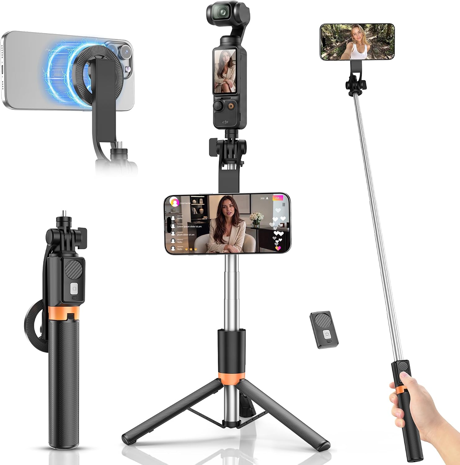 Magnetic Selfie Stick Tripod with 1/4" Camera Mount, Dual Device Phone & Camera Setup, Portable Content Creator Stand with Remote Control Phone Tripod for TikTok Live Streaming Travel Video Recording