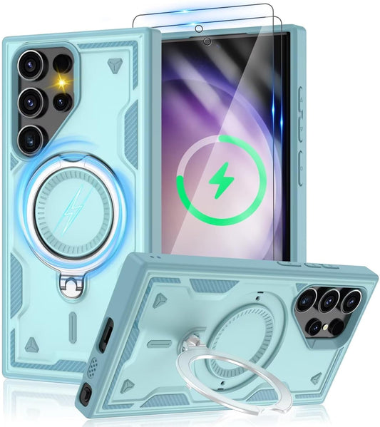 for Samsung Galaxy-S23-Ultra-Case with Magsafe & [HD Screen Protector×2][Anti-Fingerprint], 360° Metal Rotated Kickstand,Military Grade Shockproof Protective for Galaxy S23 Ultra Case,Light Blue