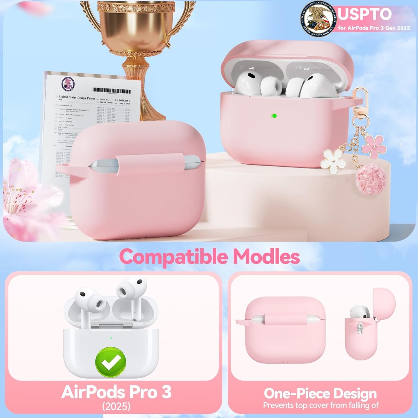 for AirPods Pro 3 Case 2025, Soft Silicone Case with Cleaner & Keychain for Women Girly, Compatible with Apple Airpods Pro 3rd Generation Cases Cover, Full Protection, Led Visible