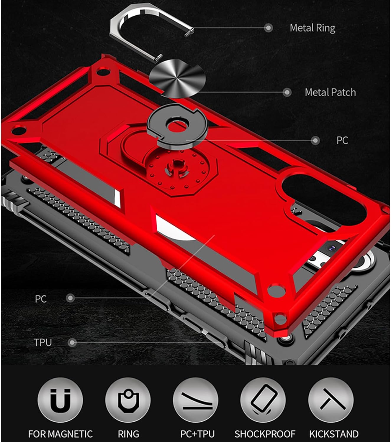 for Samsung Galaxy Note 10 Plus Case with Screen Protector:[Military Grade Drop Tested] Ring Holder Kickstand Shockproof Anti-Slip Protective Phone Case for Note 10 Plus 6.8- Red