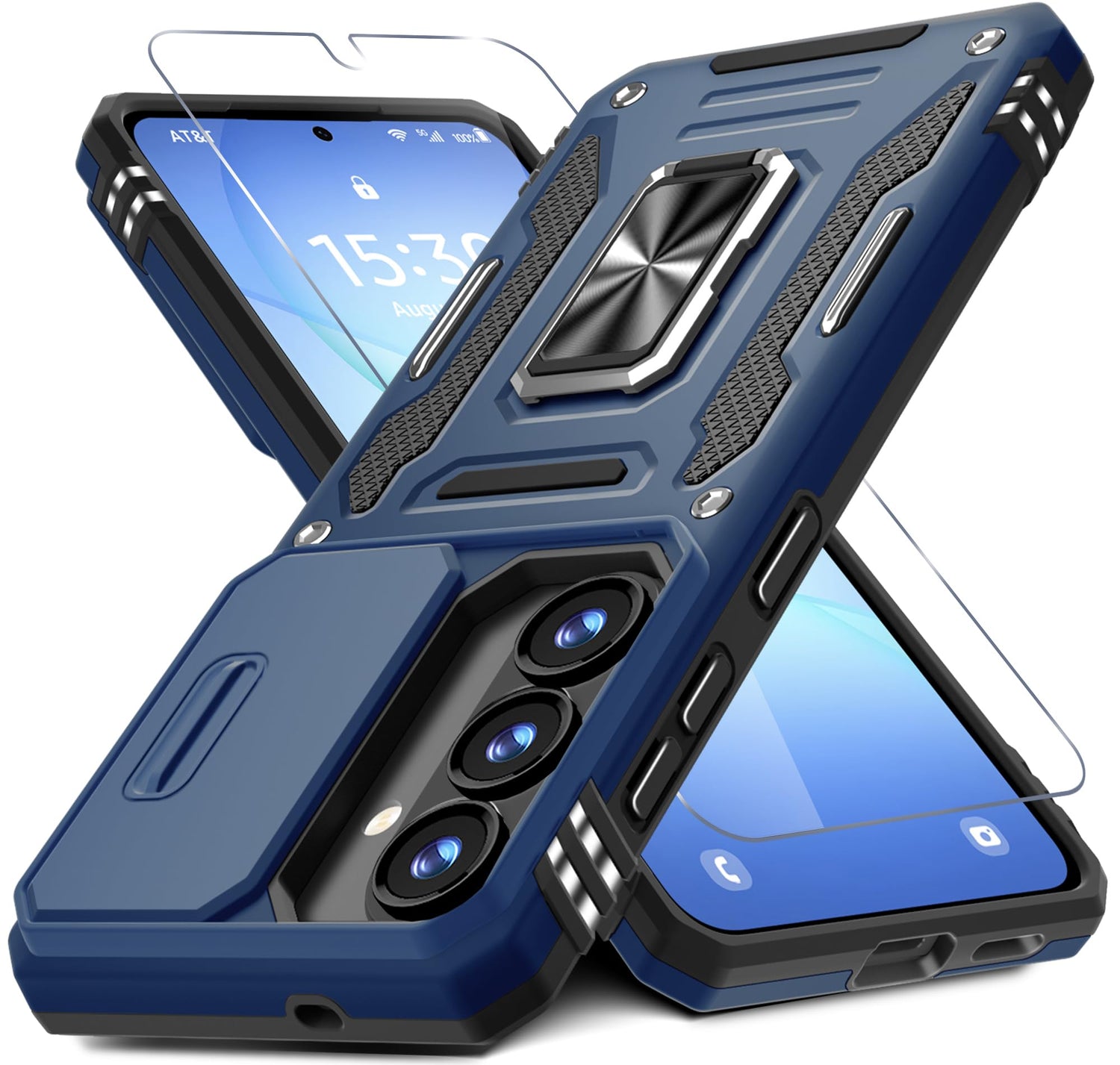 DEERLAMN Case for Samsung Galaxy A17 5G with Slide Camera Cover+Screen Protector (1 Pack), Rotated Ring Kickstand Military Grade Shockproof Protective Cover-Navy Blue